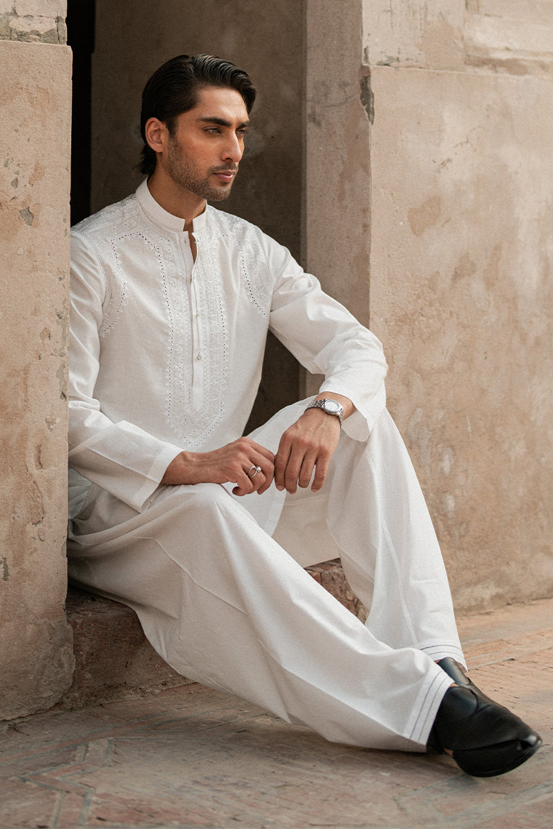 White Lucknowi Embroidered Cotton Kurta Shalwar (2-Piece) - Image 6