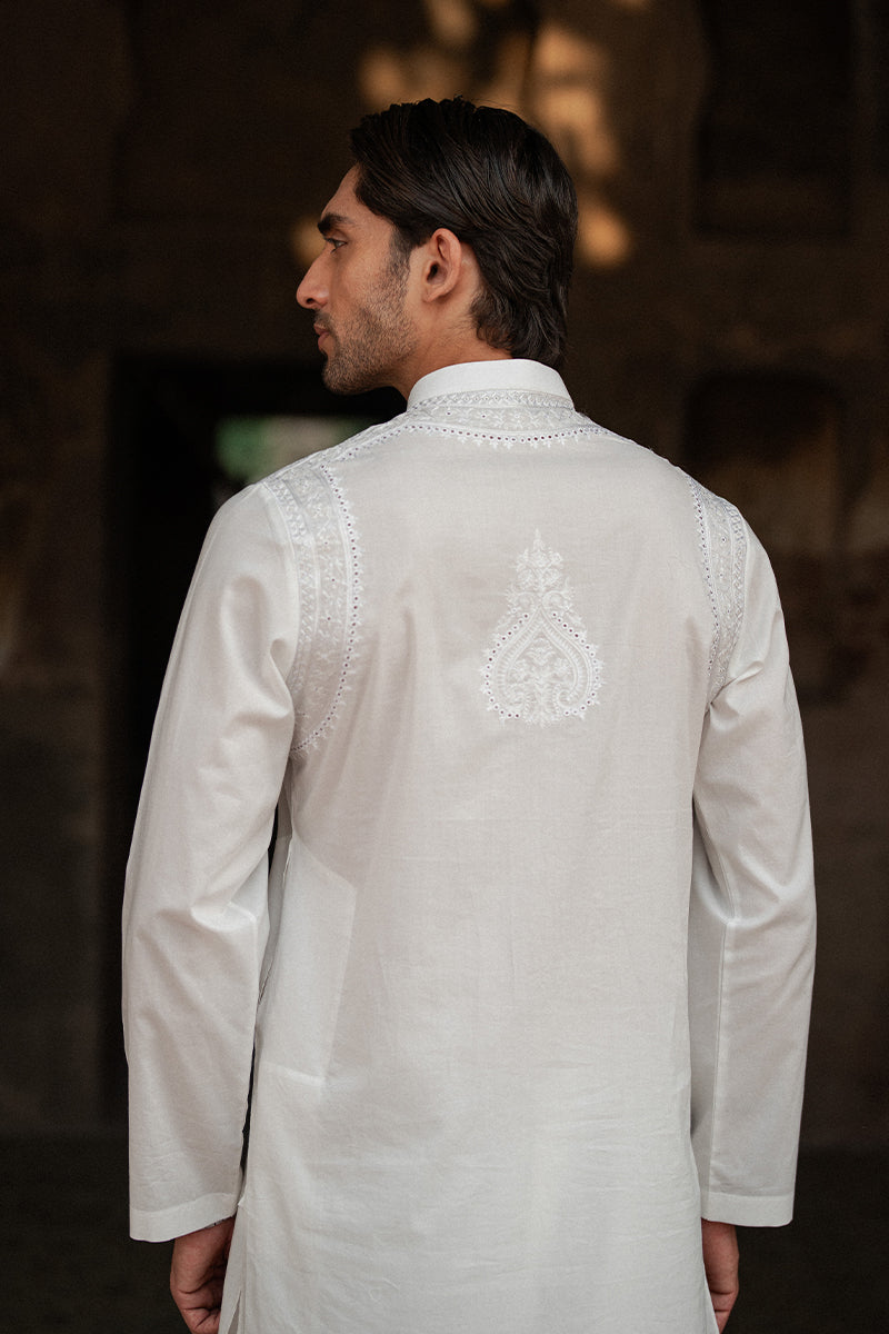 White Lucknowi Embroidered Cotton Kurta Shalwar (2-Piece) - Image 7