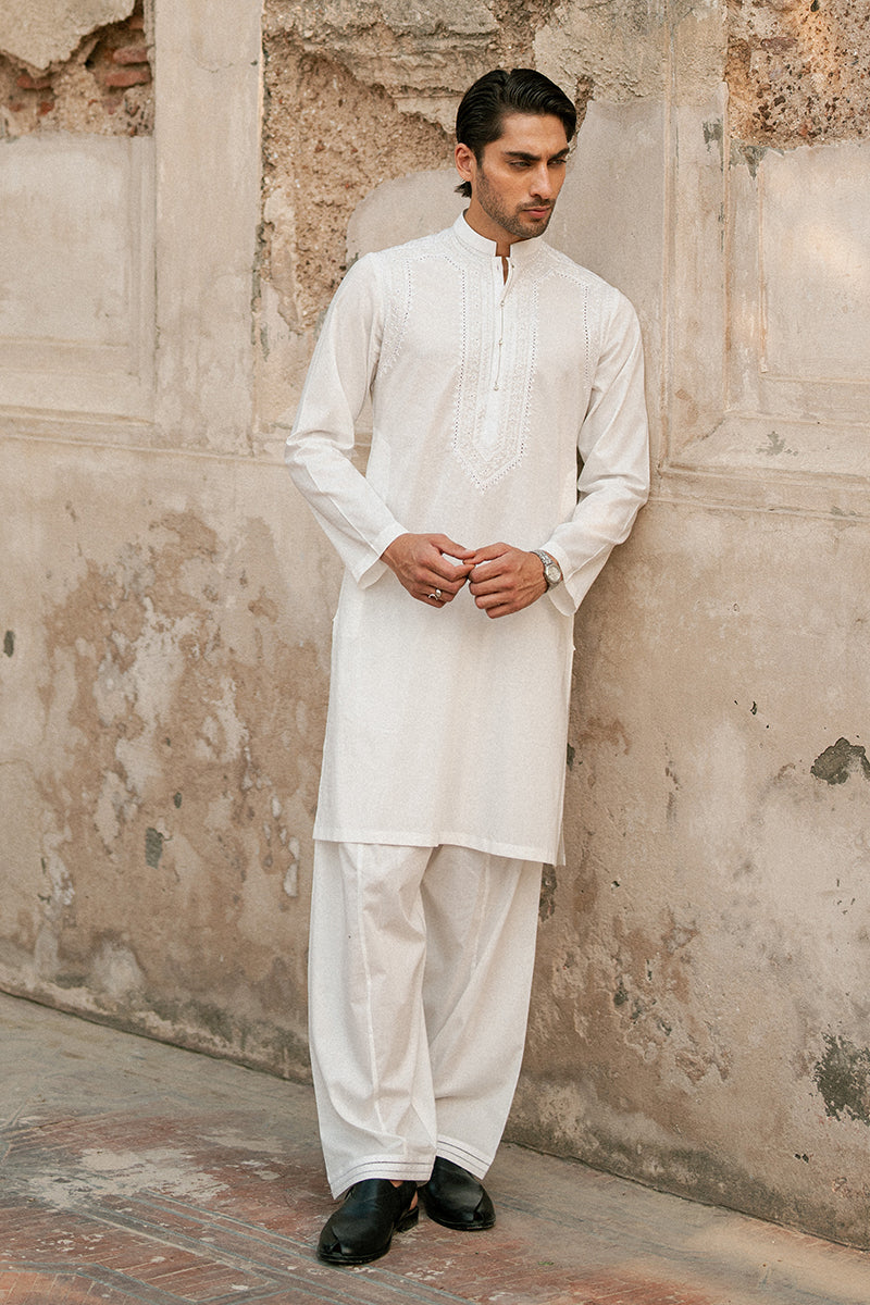 White Lucknowi Embroidered Cotton Kurta Shalwar (2-Piece) - Image 8