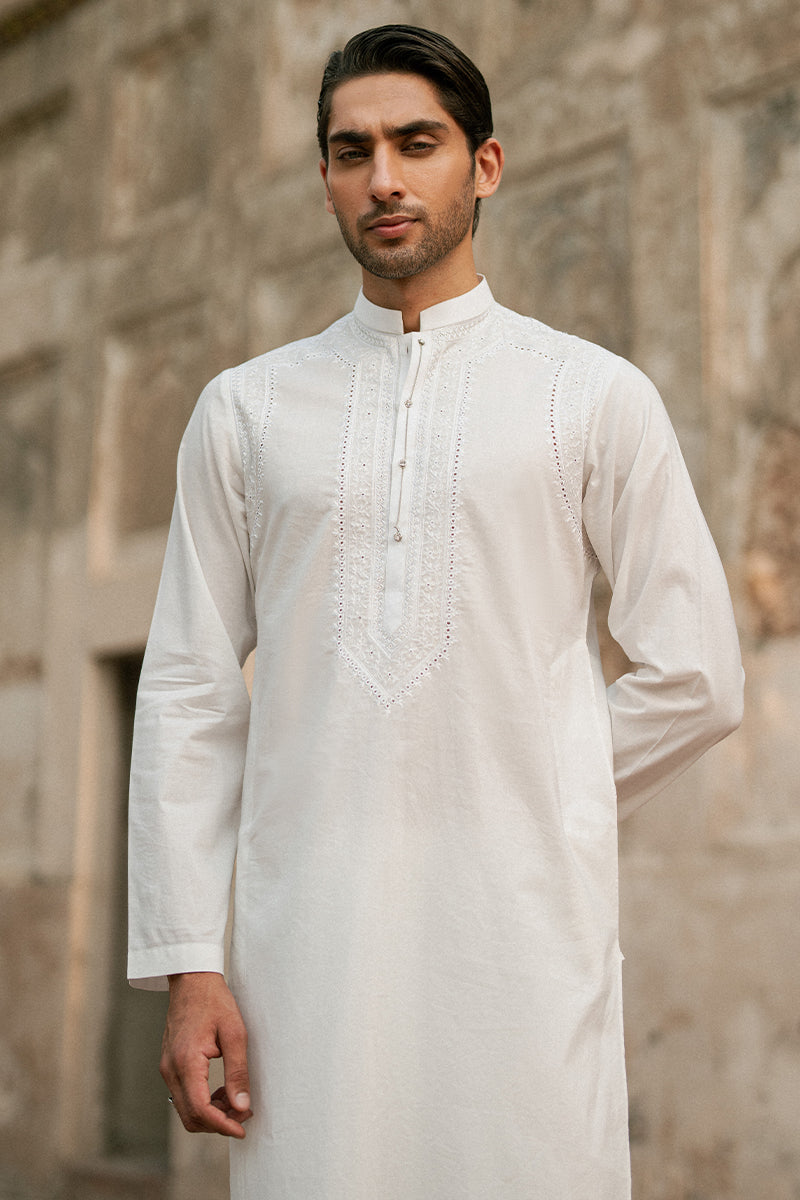 White Lucknowi Embroidered Cotton Kurta Shalwar (2-Piece) - Image 9