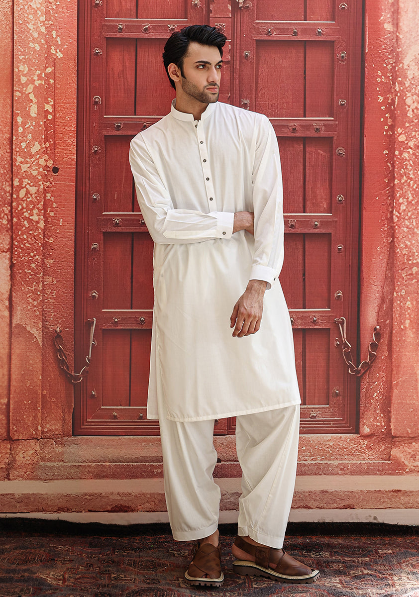 White Poly Viscose Classic Fit Shalwar Kameez (2-Piece) - Image 1
