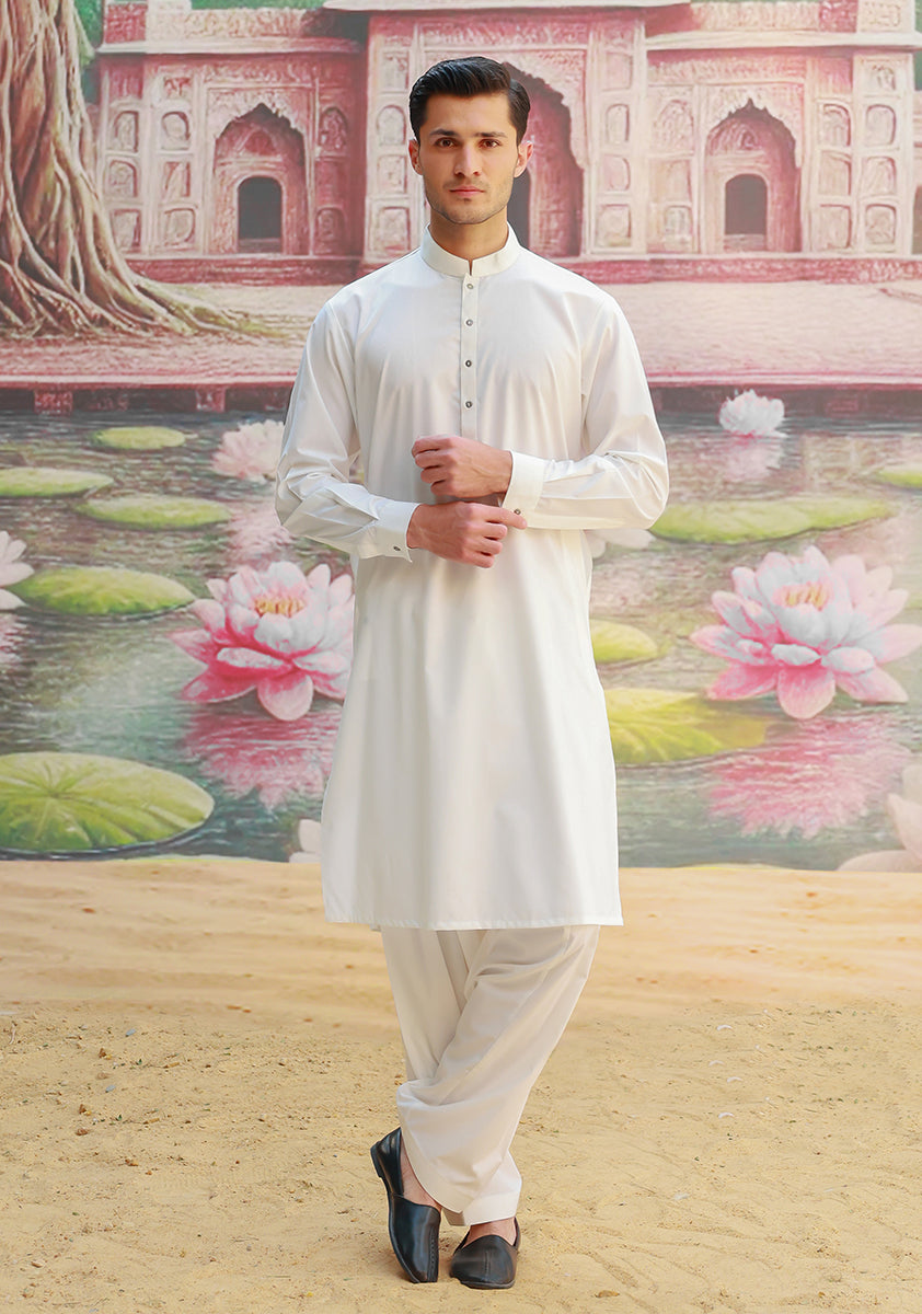 White Poly Viscose Slim Fit Shalwar Kameez (2-Piece) - Image 1