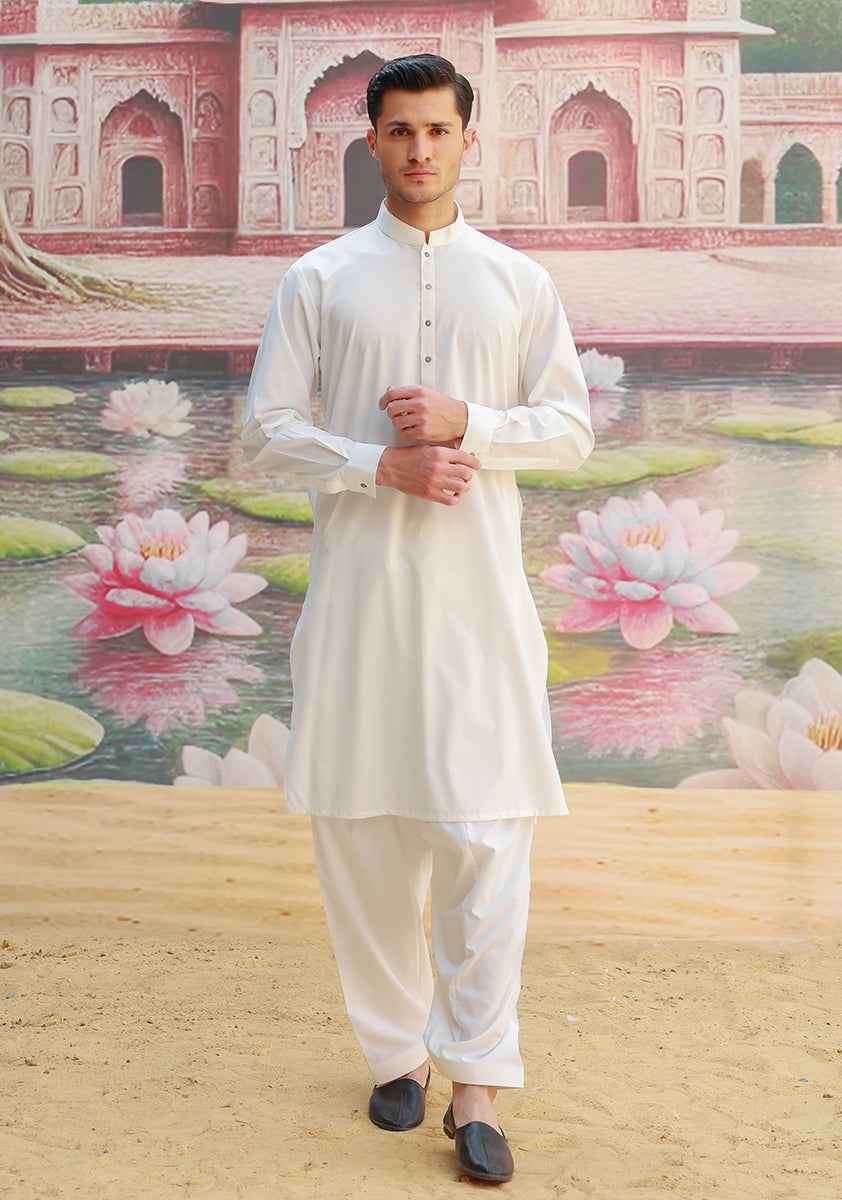 White Poly Viscose Slim Fit Shalwar Kameez (2-Piece) - Image 2