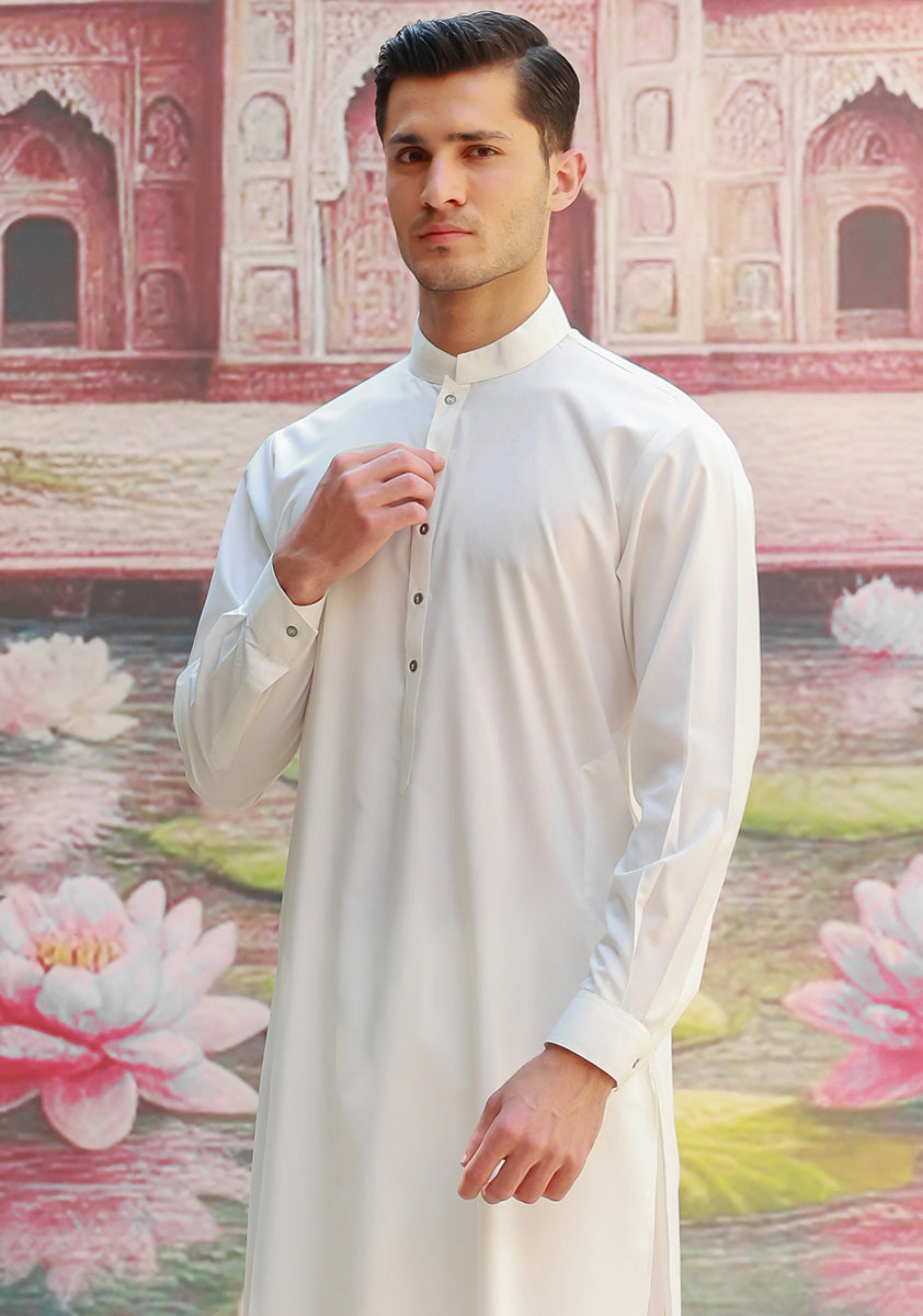 White Poly Viscose Slim Fit Shalwar Kameez (2-Piece) - Image 3