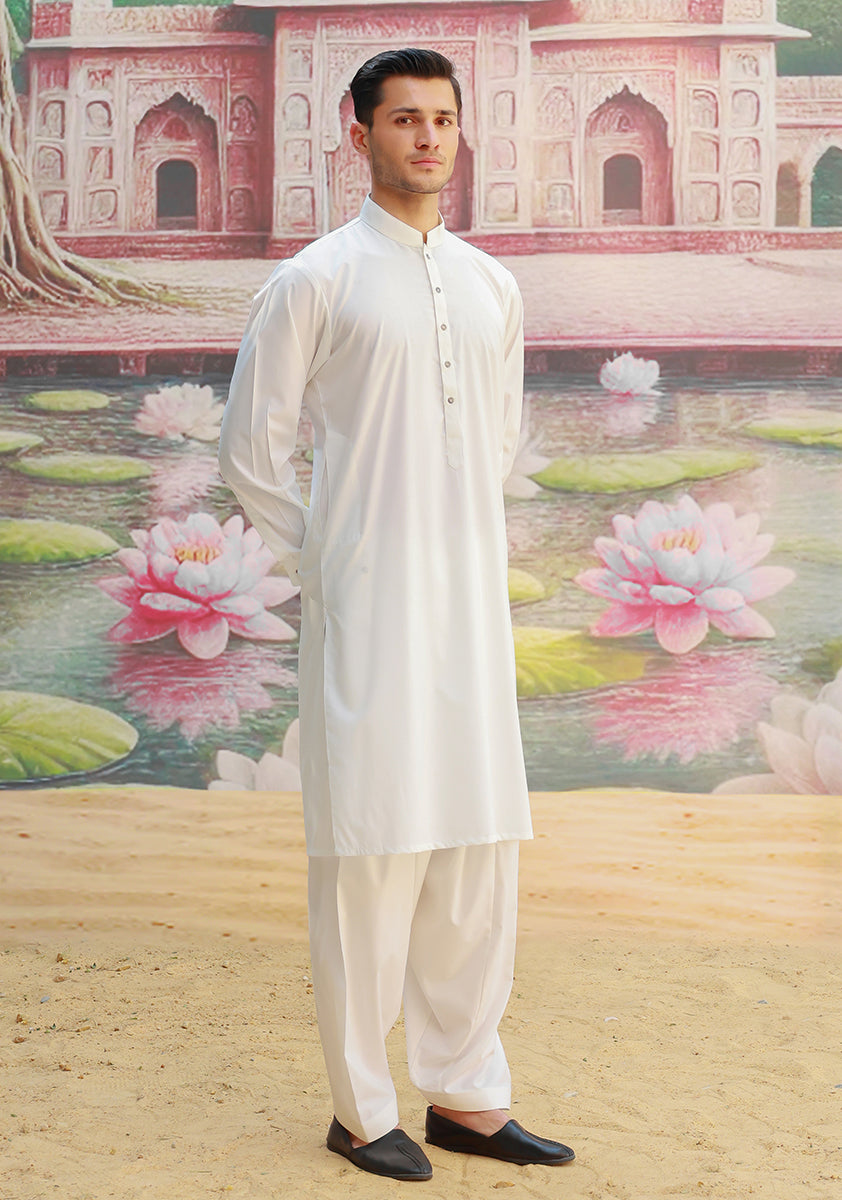 White Poly Viscose Slim Fit Shalwar Kameez (2-Piece) - Image 4