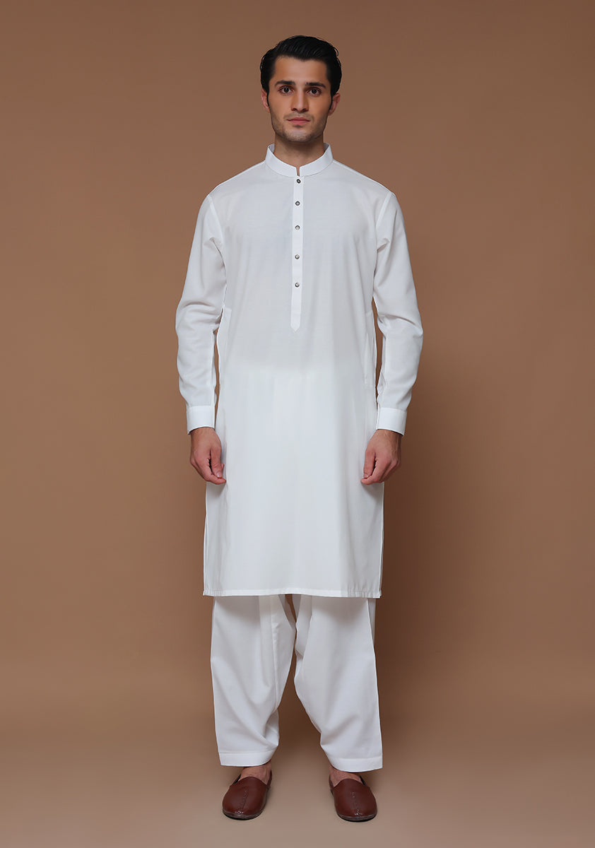 White Slim Fit Poly Viscose Shalwar Kameez (2-Piece) - Image 2