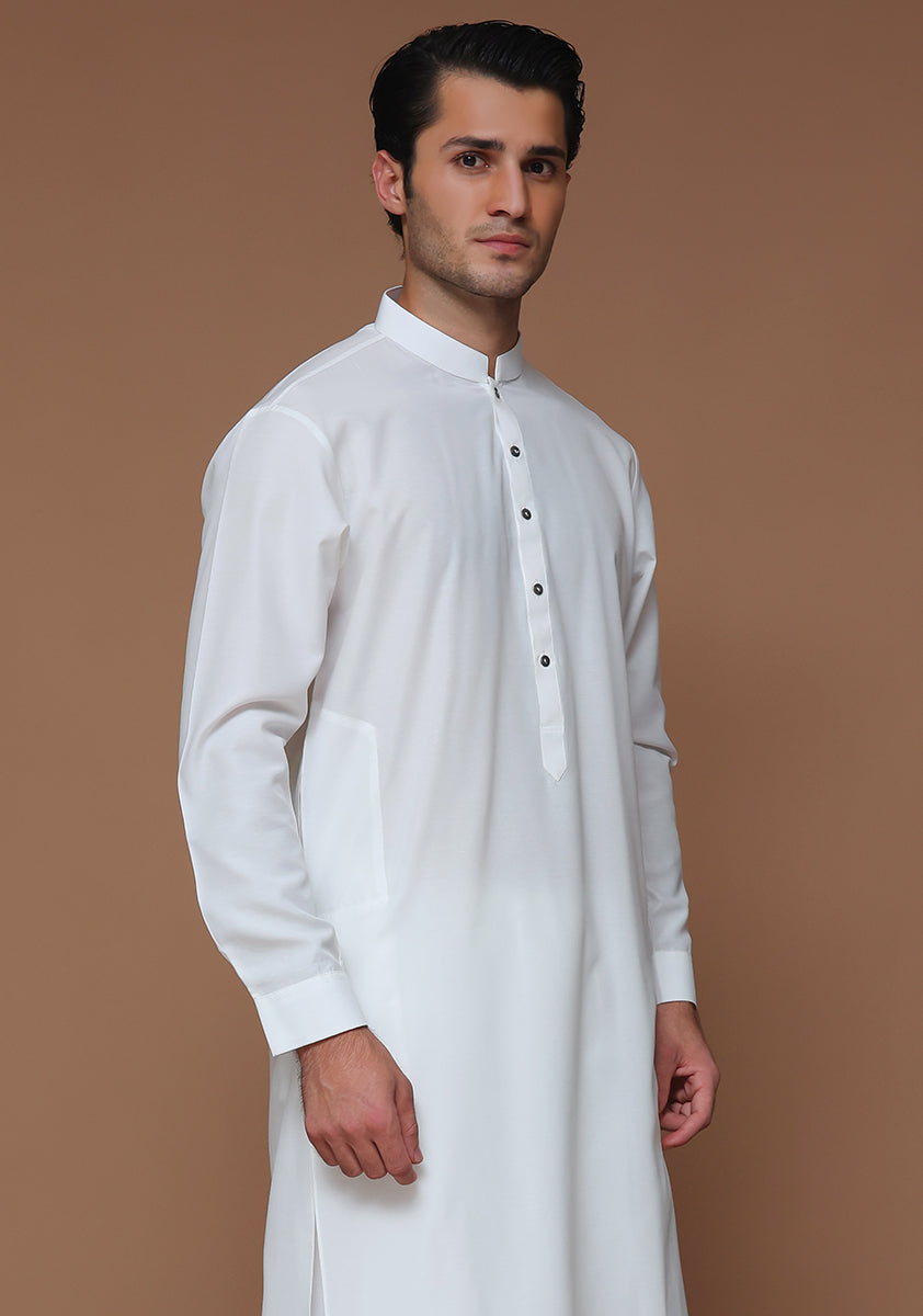White Slim Fit Poly Viscose Shalwar Kameez (2-Piece) - Image 3