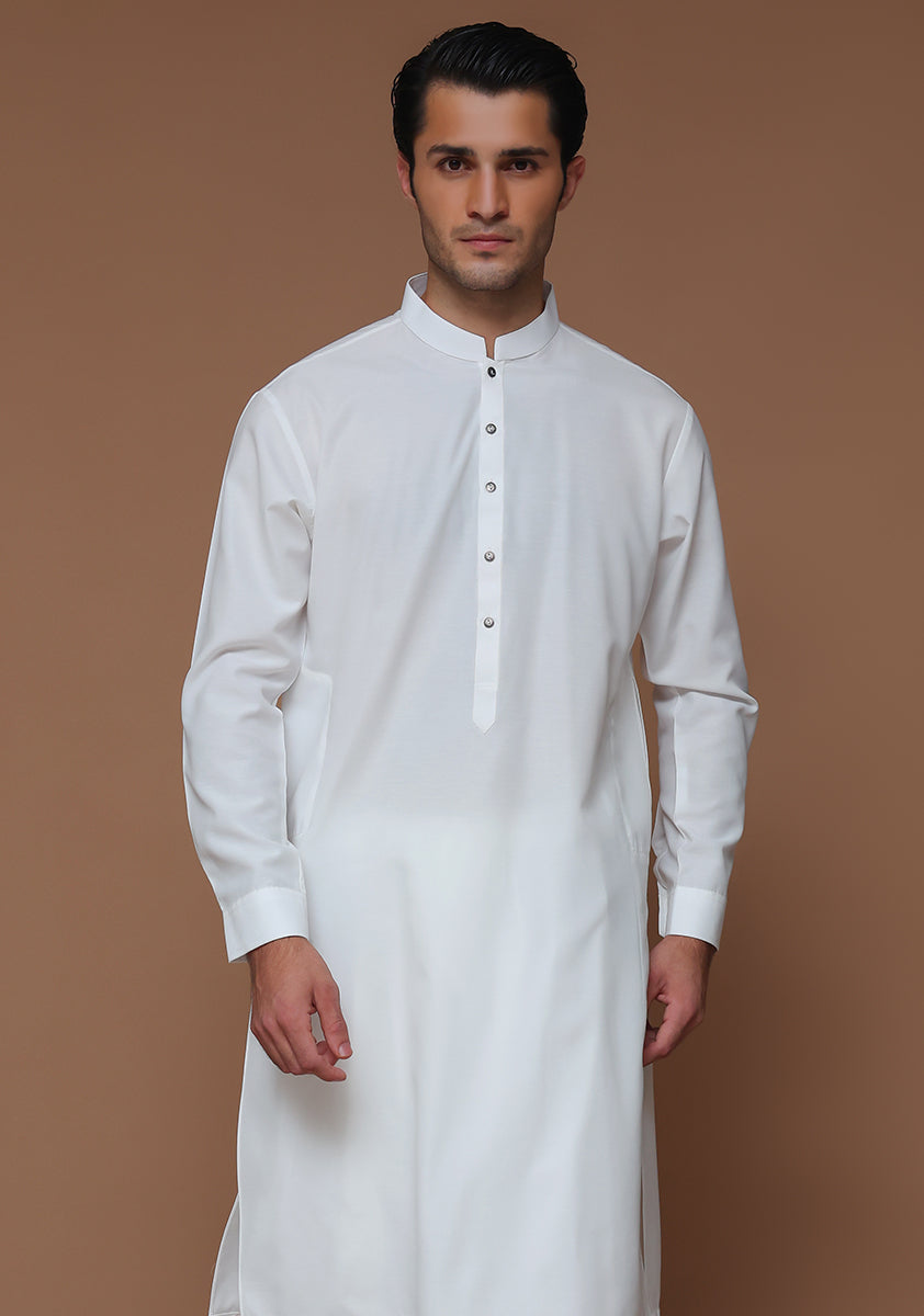 White Slim Fit Poly Viscose Shalwar Kameez (2-Piece) - Image 4
