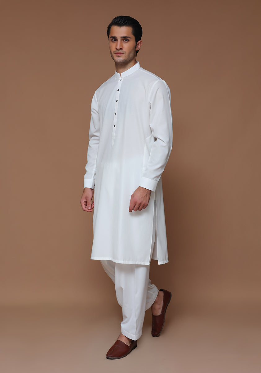 White Slim Fit Poly Viscose Shalwar Kameez (2-Piece) - Image 5