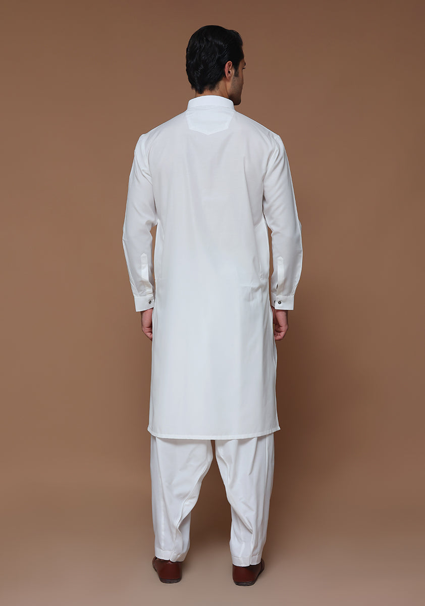 White Slim Fit Poly Viscose Shalwar Kameez (2-Piece) - Image 6