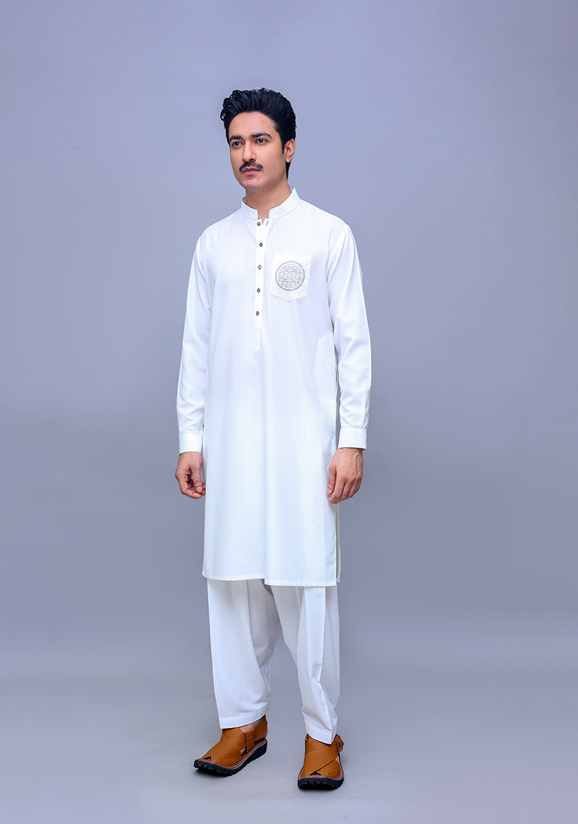 Cloud Dancer White Embroidered Poly Viscose Shalwar Kameez (2-Piece) - Image 1