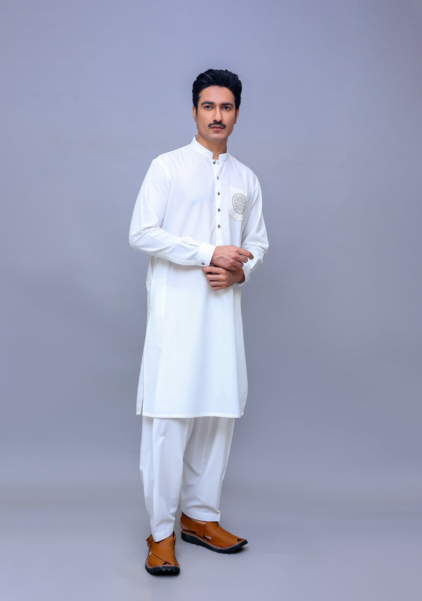 Cloud Dancer White Embroidered Poly Viscose Shalwar Kameez (2-Piece) - Image 2