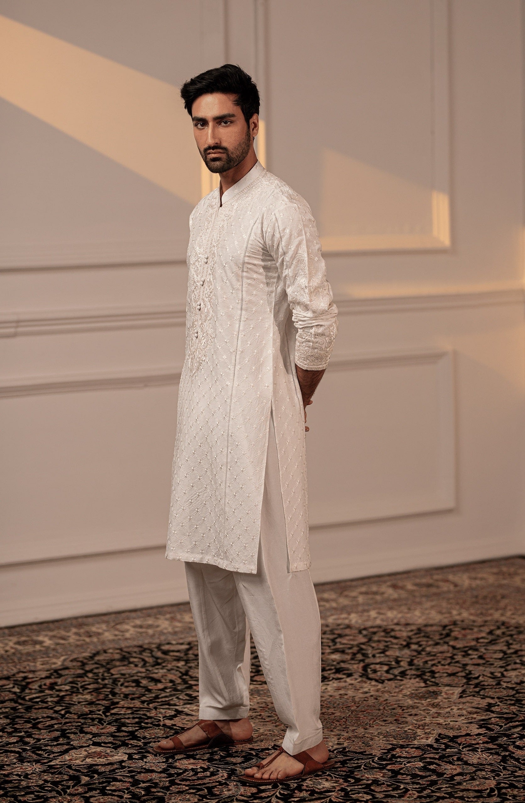 White Embroidered Silk Kurta Shalwar (2-Piece) - Image 1
