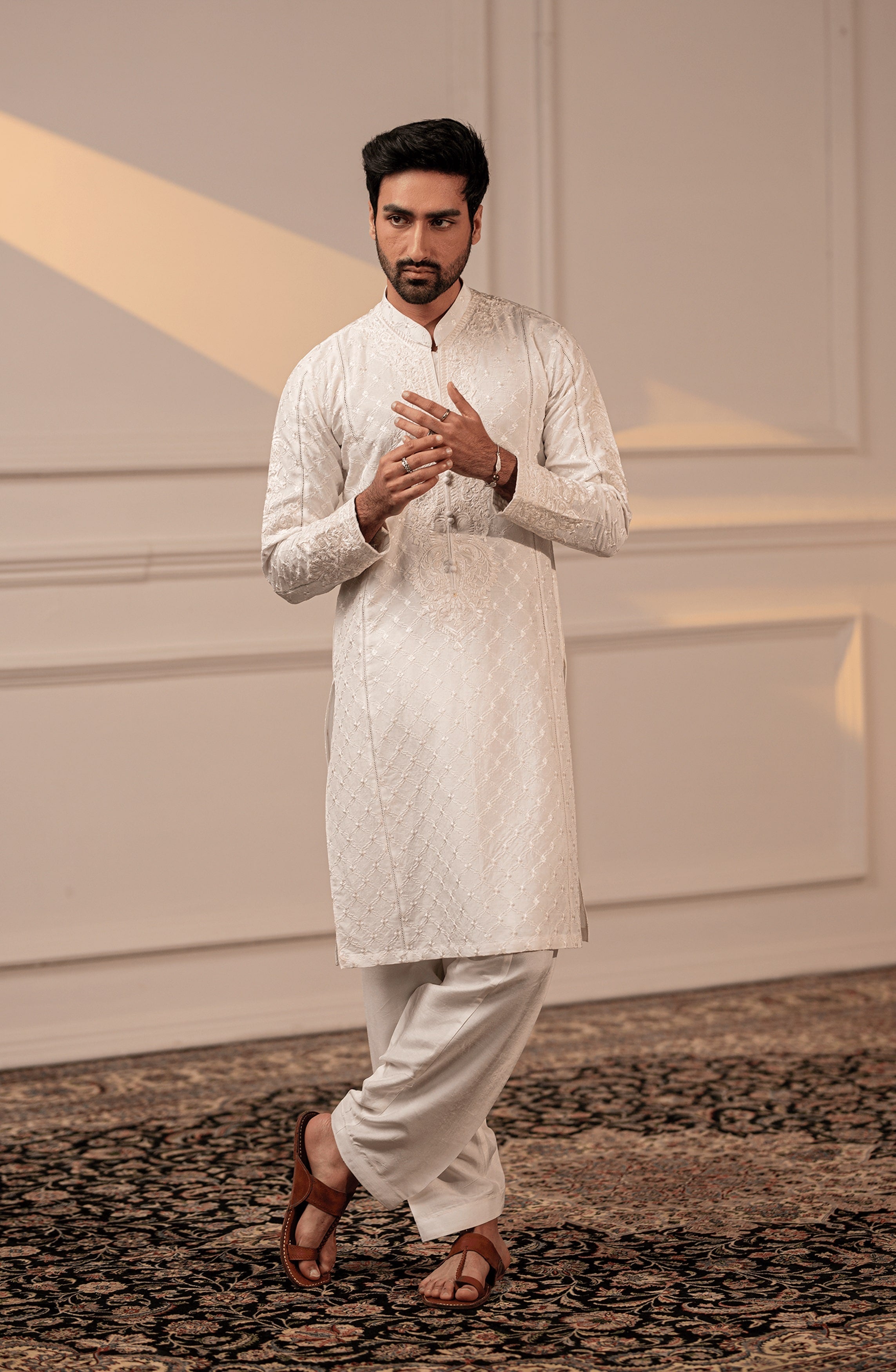 White Embroidered Silk Kurta Shalwar (2-Piece) - Image 2