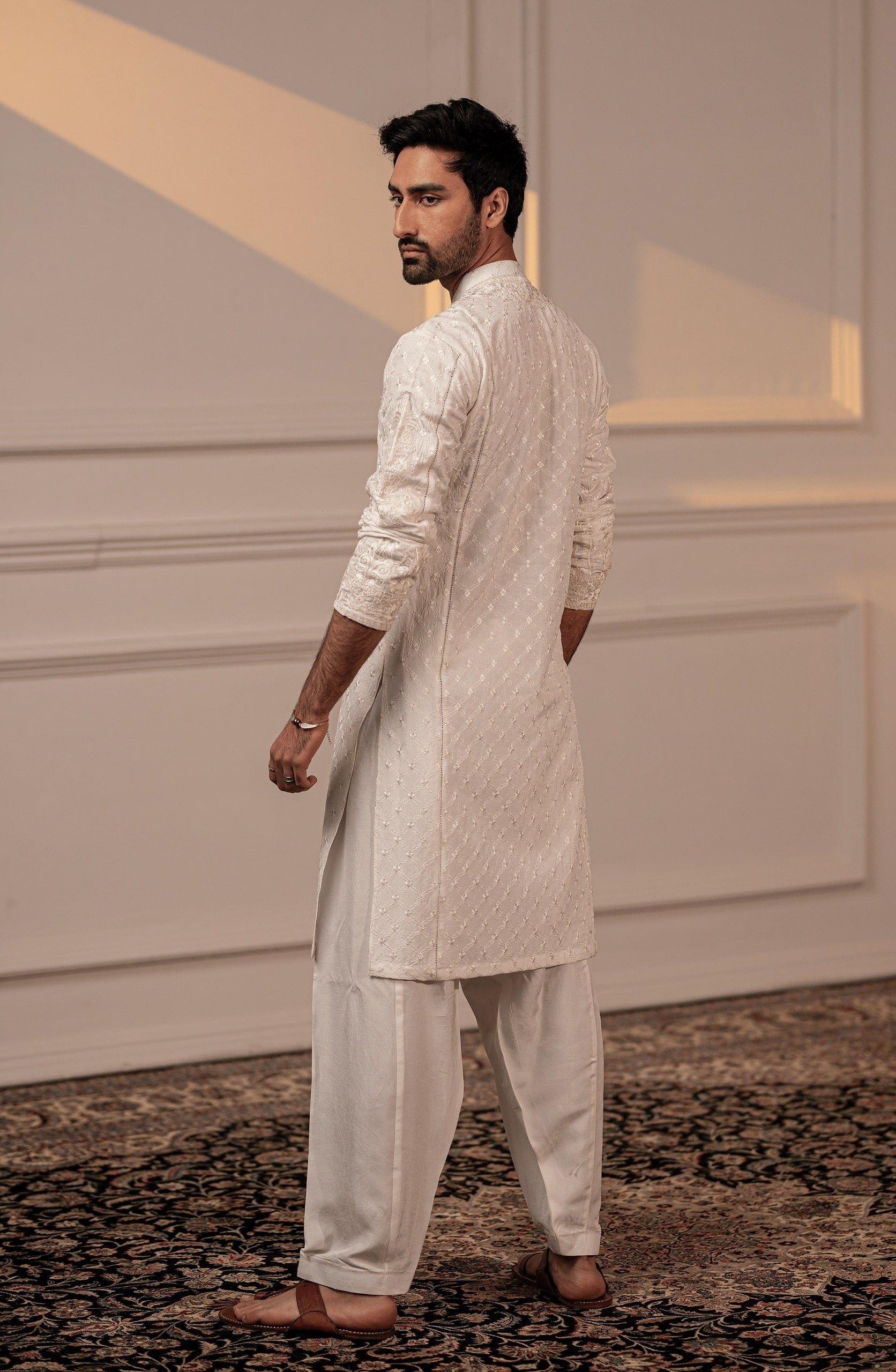 White Embroidered Silk Kurta Shalwar (2-Piece) - Image 3