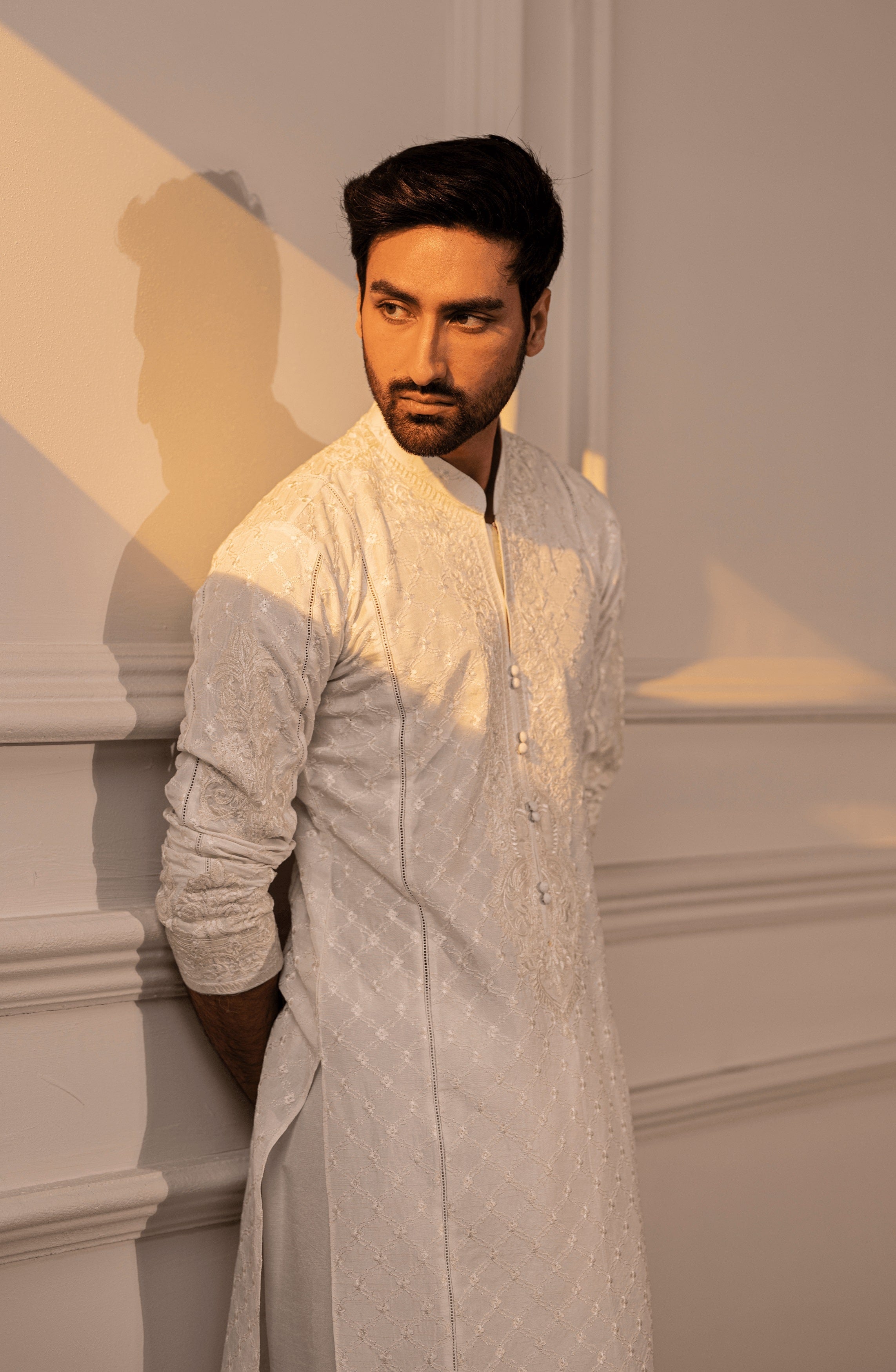 White Embroidered Silk Kurta Shalwar (2-Piece) - Image 6