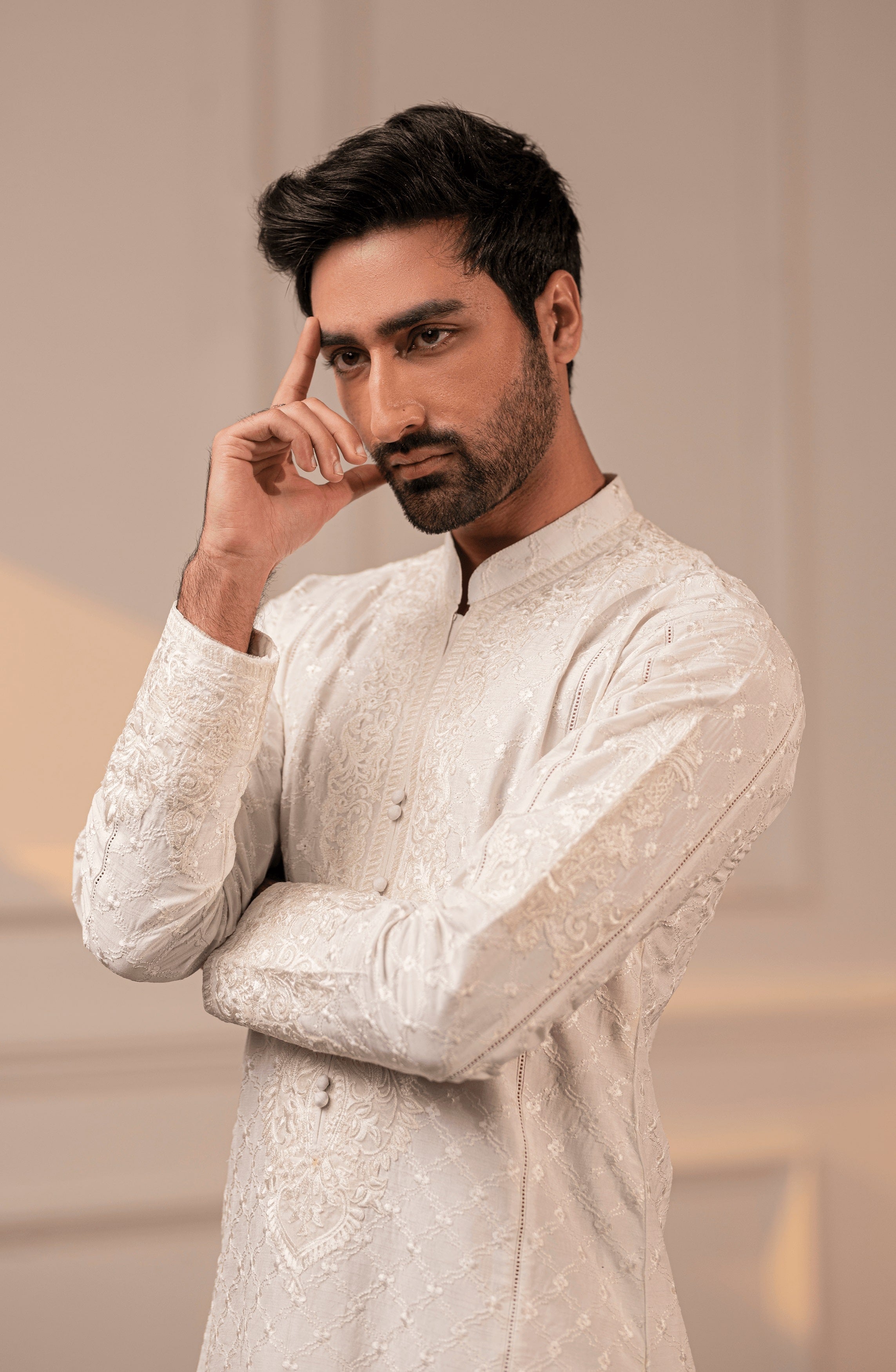 White Embroidered Silk Kurta Shalwar (2-Piece) - Image 7