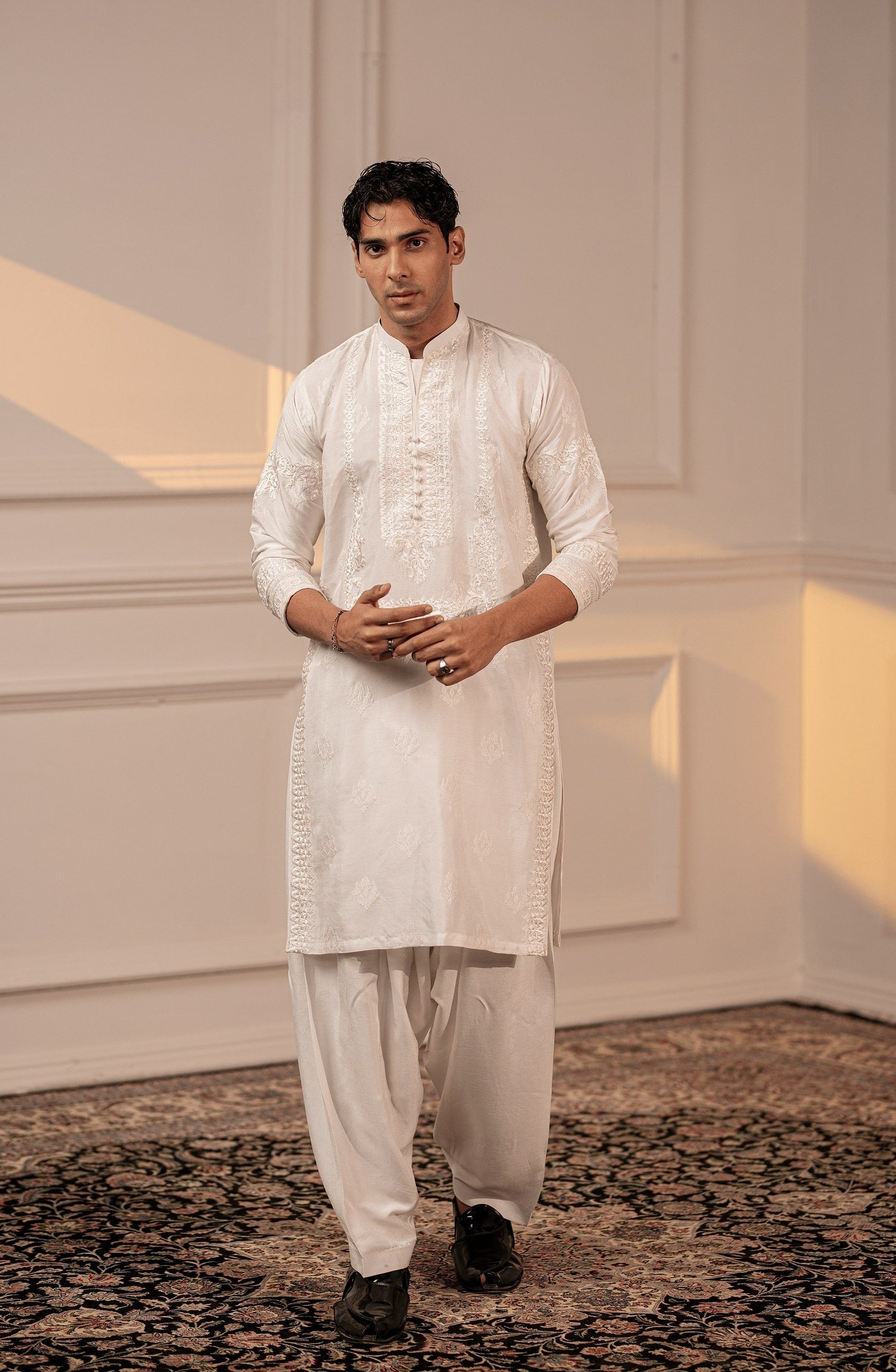 White Embroidered Silk Kurta Shalwar (2-Piece) - Image 1