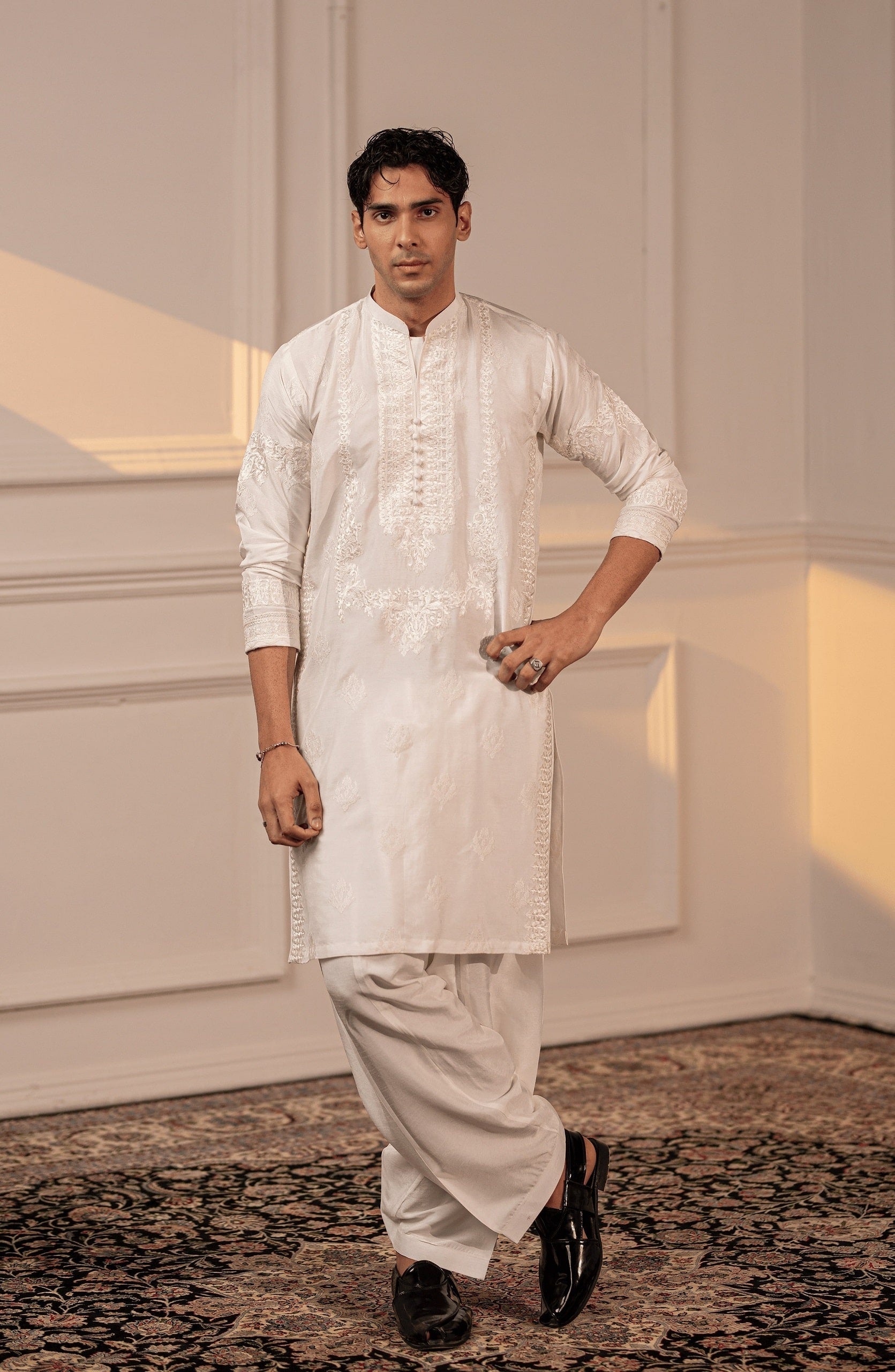 White Embroidered Silk Kurta Shalwar (2-Piece) - Image 2