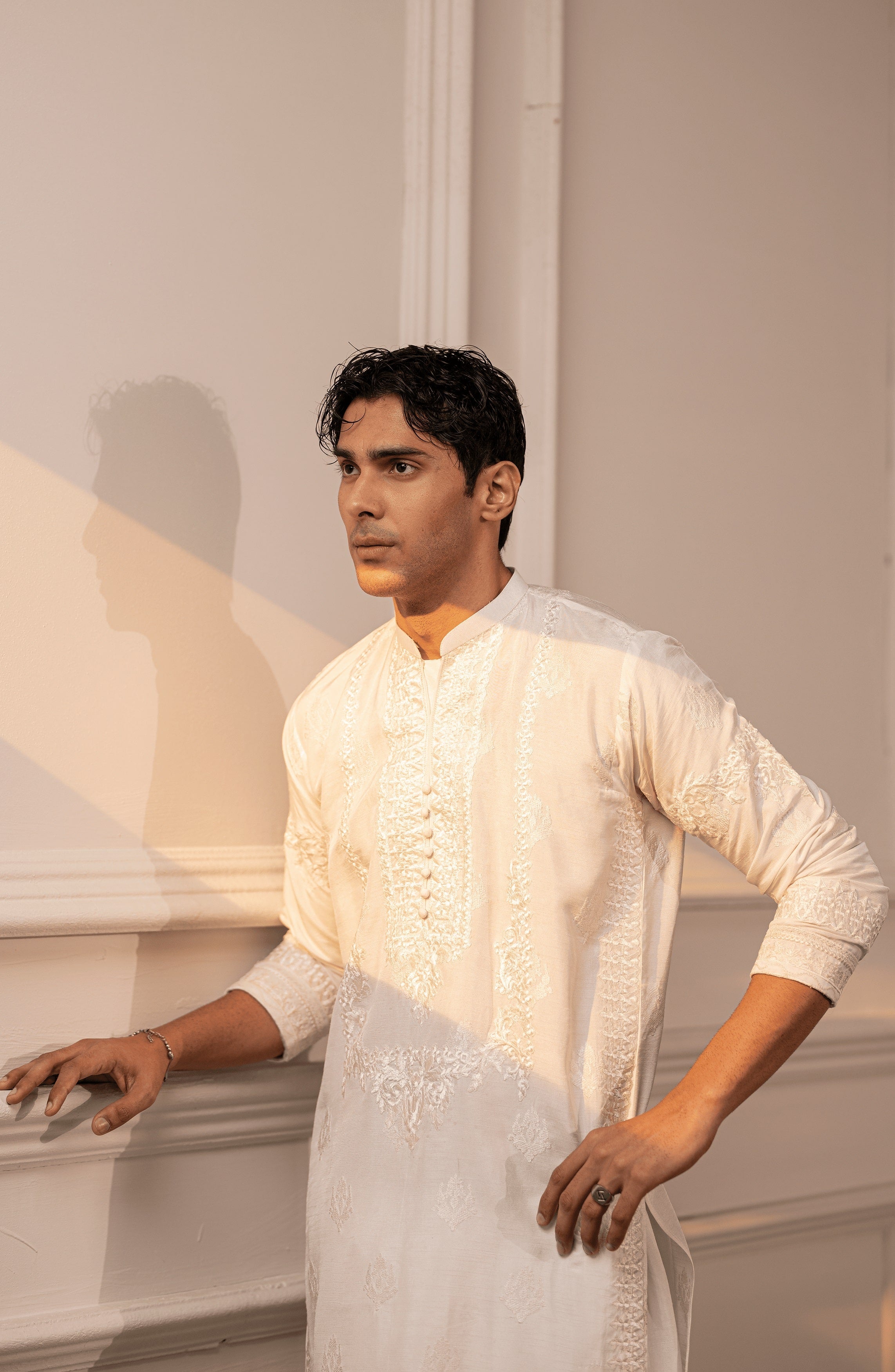 White Embroidered Silk Kurta Shalwar (2-Piece) - Image 5