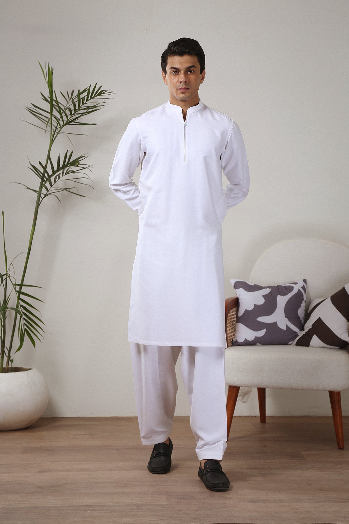 White Wash-and-Wear Kameez Shalwar (2-Piece) - Image 1