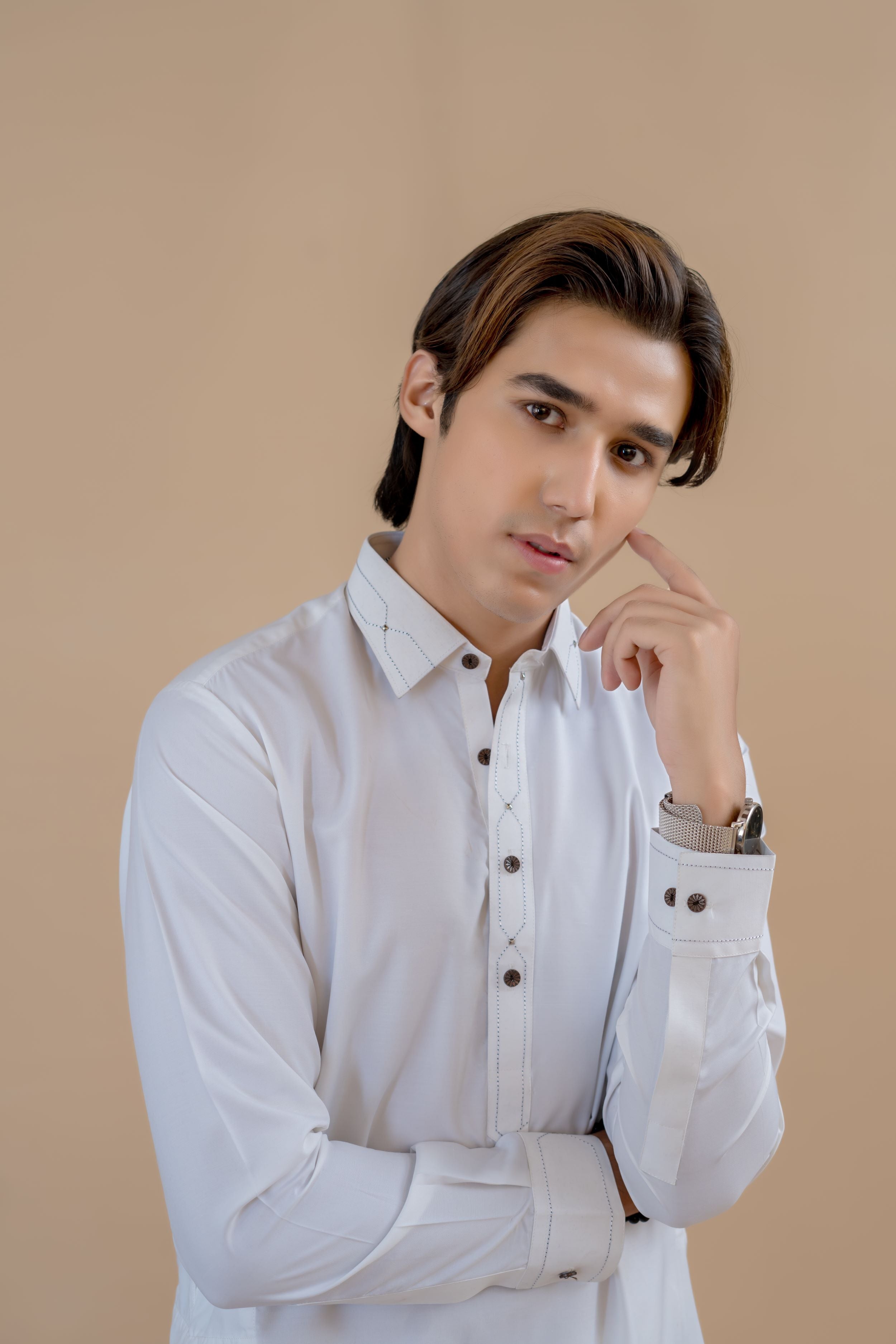 White Contrast-Stitched Wash & Wear Shalwar Kameez (2-Piece) - Image 2