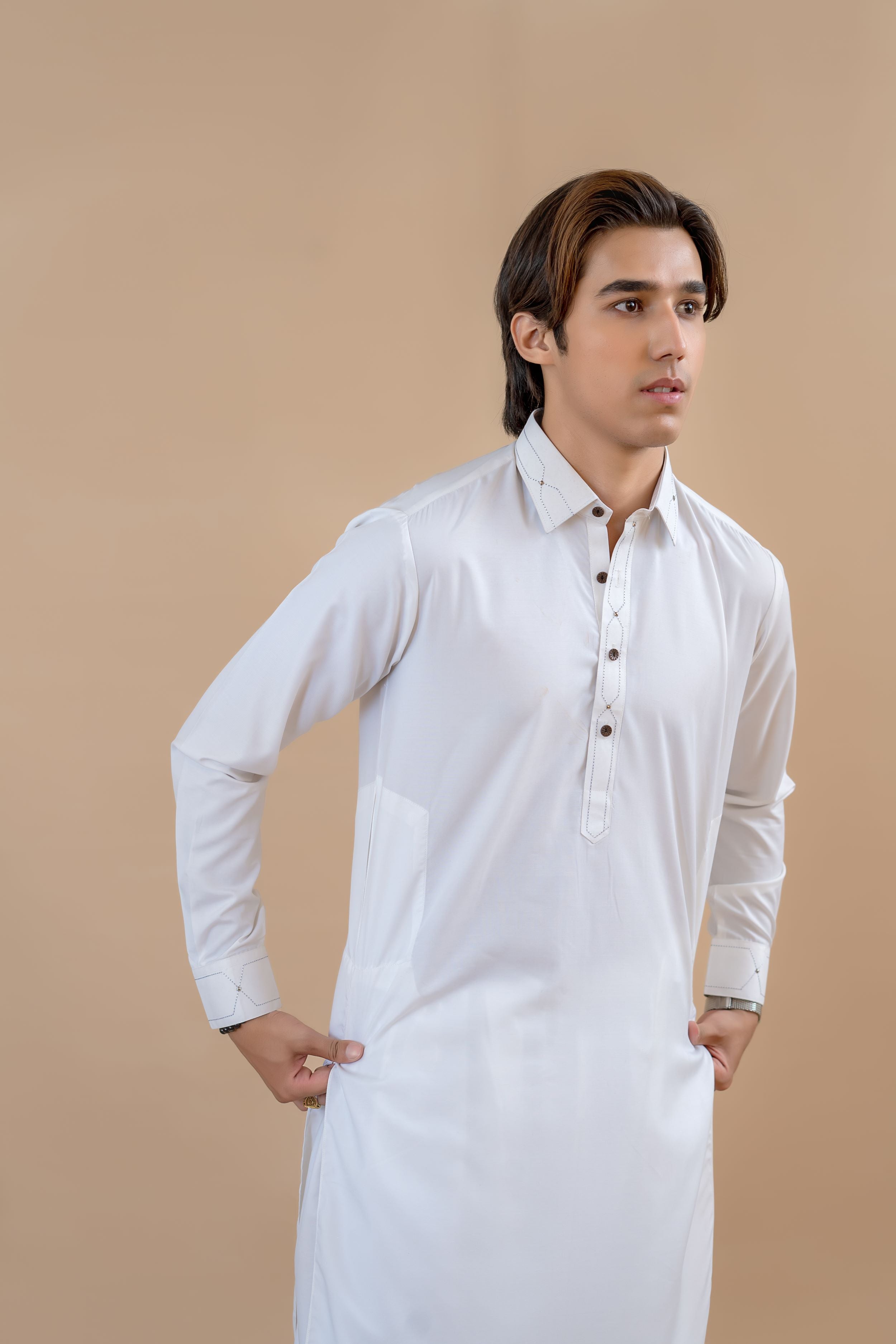 White Contrast-Stitched Wash & Wear Shalwar Kameez (2-Piece) - Image 5