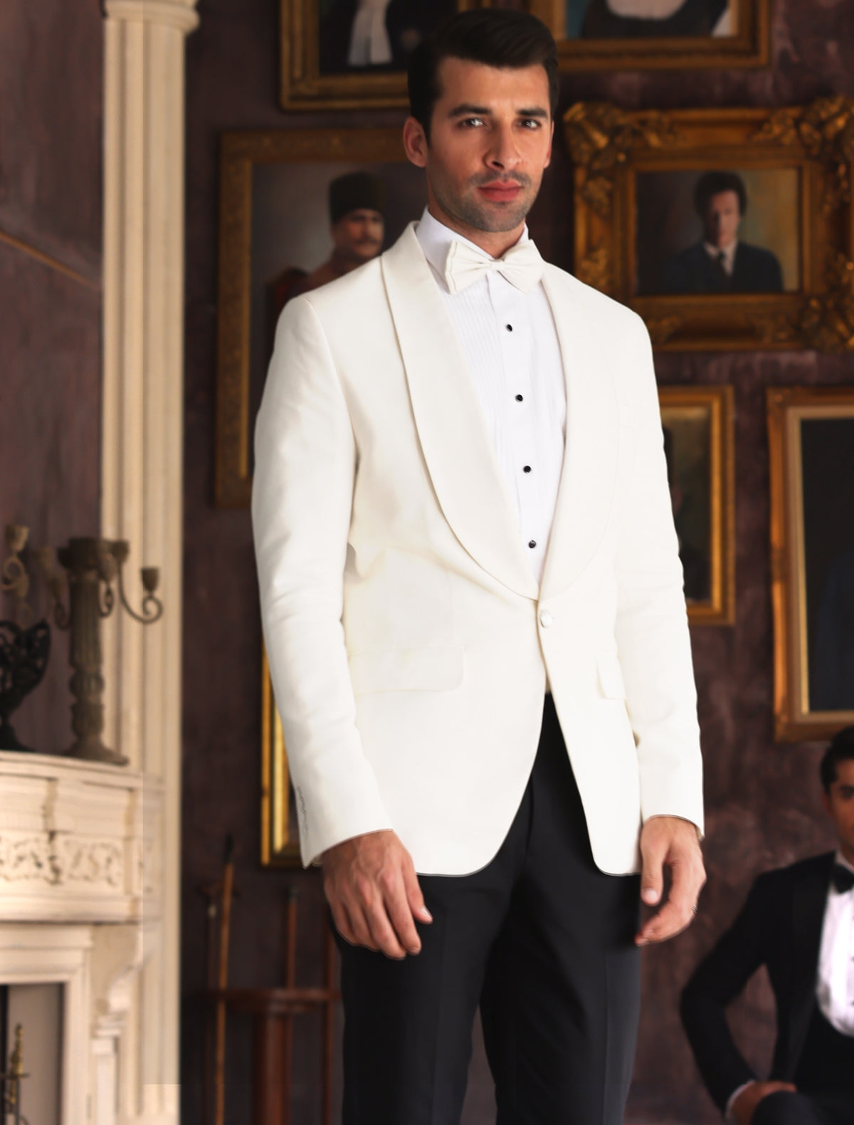 White Satin-Lapel Suiting Tuxedo Jacket with Black Trousers (2-Piece) - Image 1