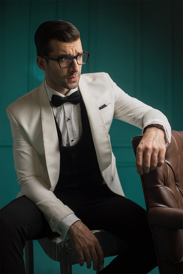 White Hand-Embroidered Suiting Tuxedo (3-Piece) - Image 3