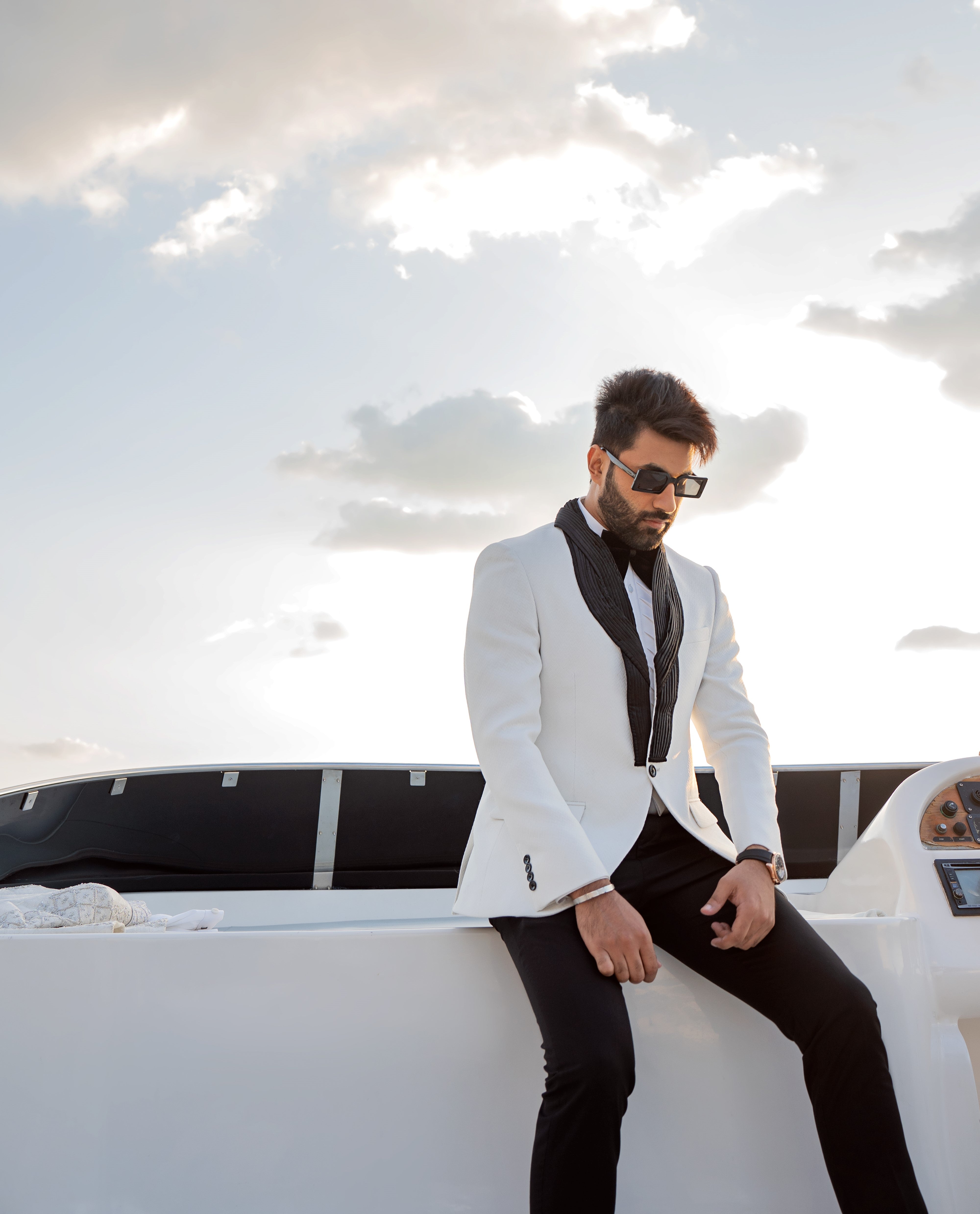 White Textured Satin-Lapel Suiting Tuxedo (2-Piece) - Image 1