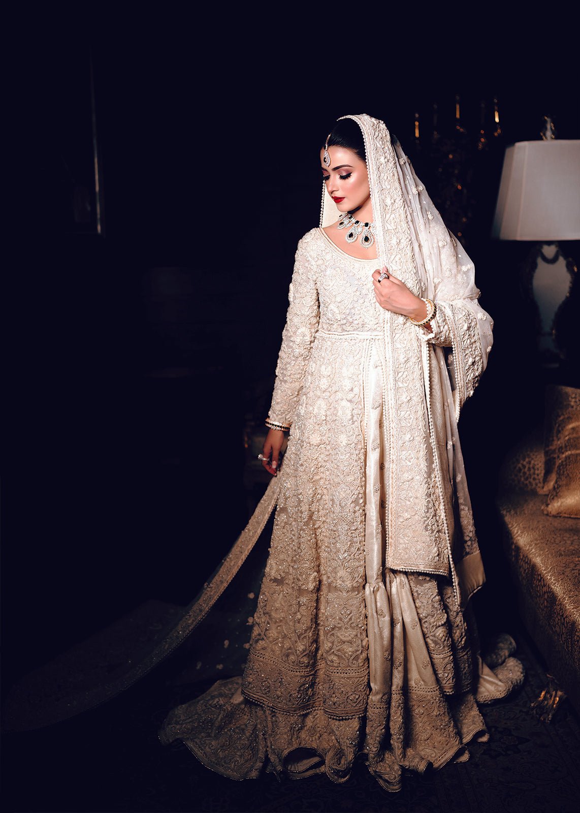 Pakistani White Zardozi Embroidered Chiffon Jamawar Pishwas (3-Piece) - Image 1