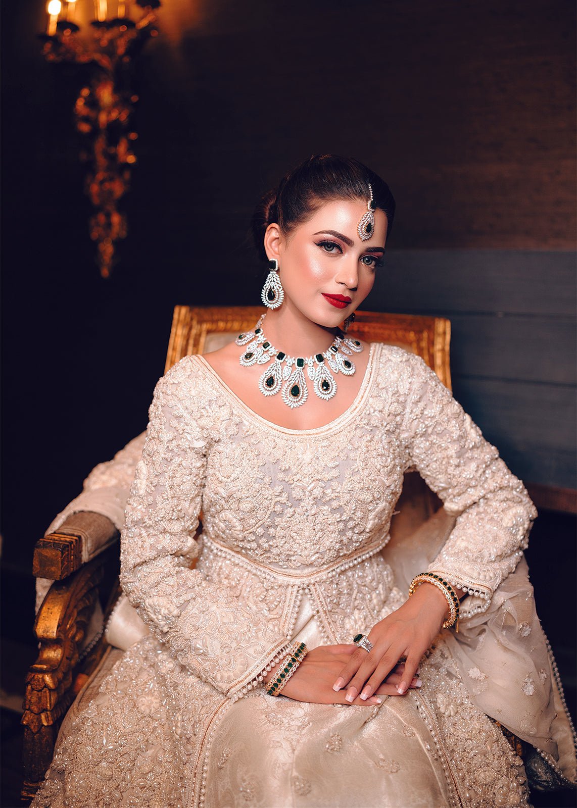 Pakistani White Zardozi Embroidered Chiffon Jamawar Pishwas (3-Piece) - Image 3