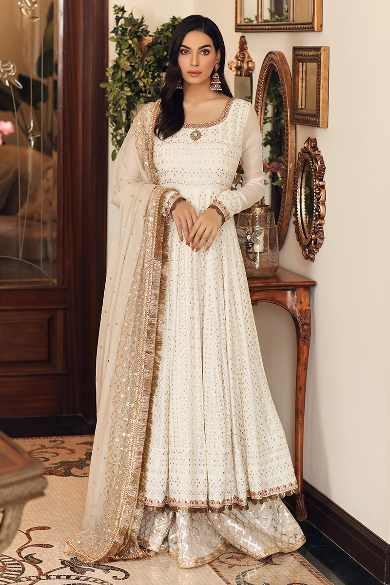 Pakistani White Chikankari Pishwas Dress (3-Piece) - Image 1