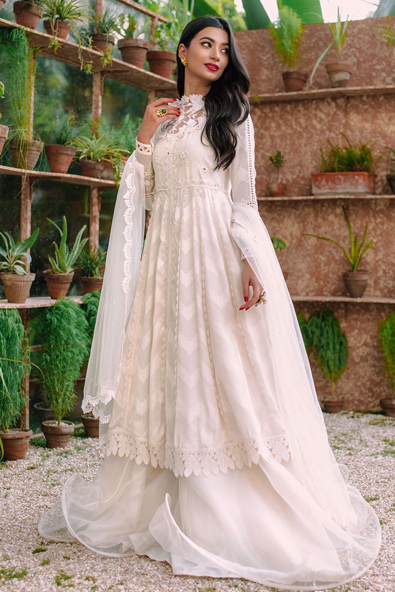 Pakistani White Hand-Embellished Cotton Net Pishwas (3-Piece) - Image 1