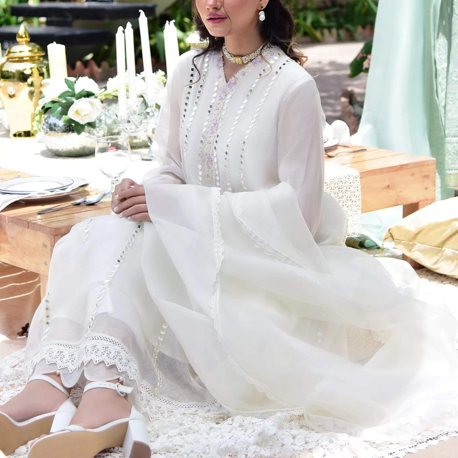 Pakistani Pearl White Sheesha Work Cotton Net Pishwas (3-Piece) - Image 2