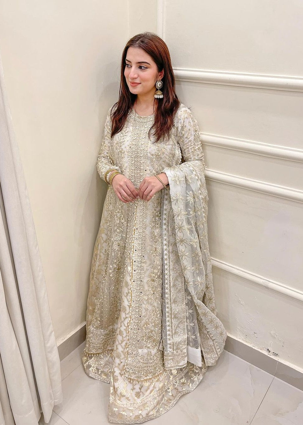 Pakistani White Embroidered Net Pishwas Dress (3-Piece) - Image 1