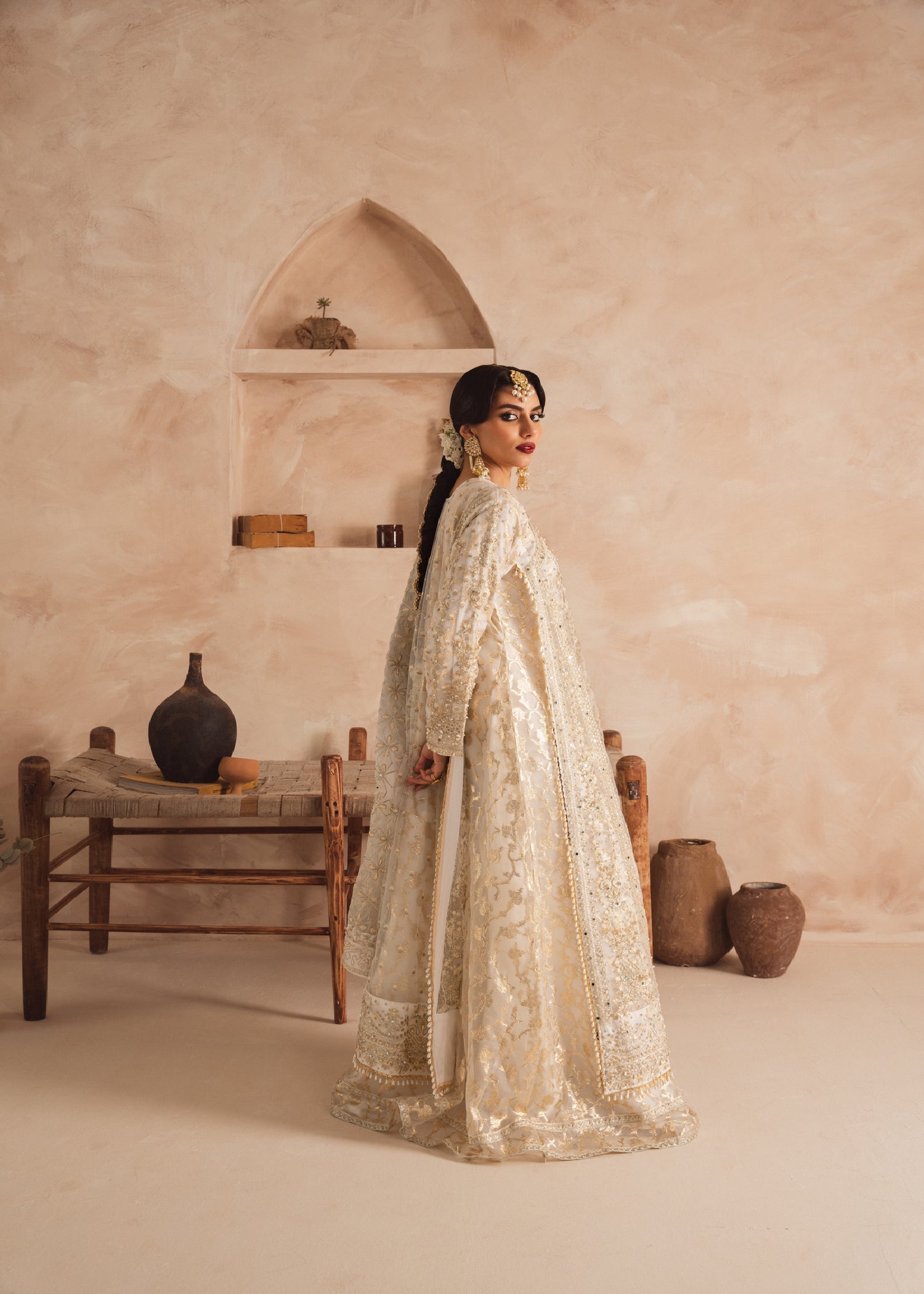 Pakistani White Embroidered Net Pishwas Dress (3-Piece) - Image 3