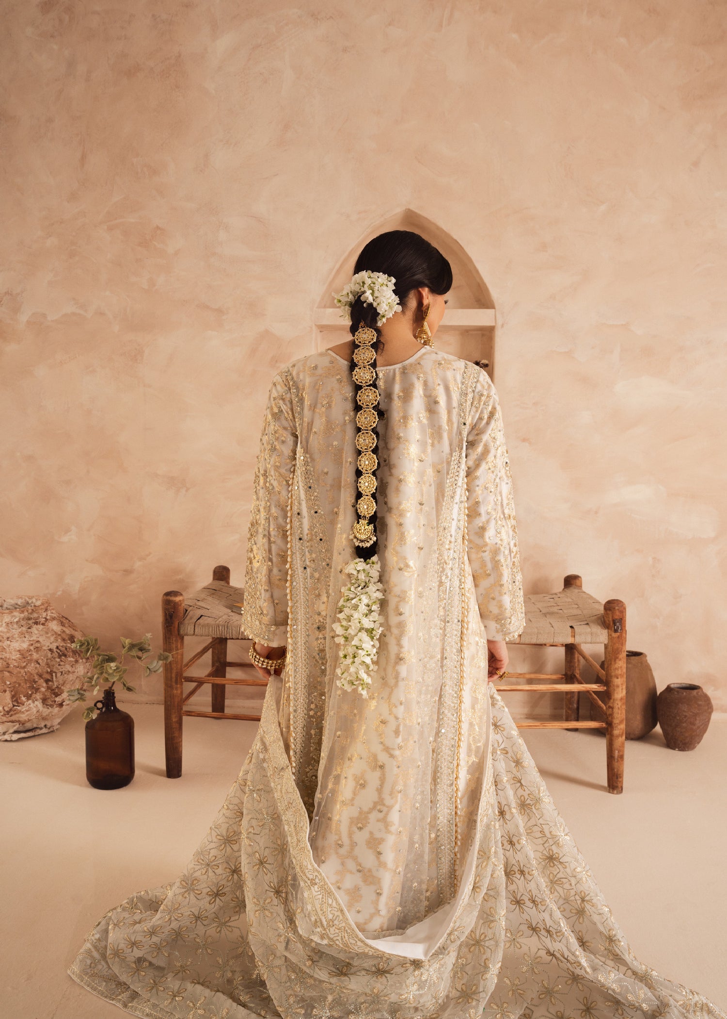 Pakistani White Embroidered Net Pishwas Dress (3-Piece) - Image 4