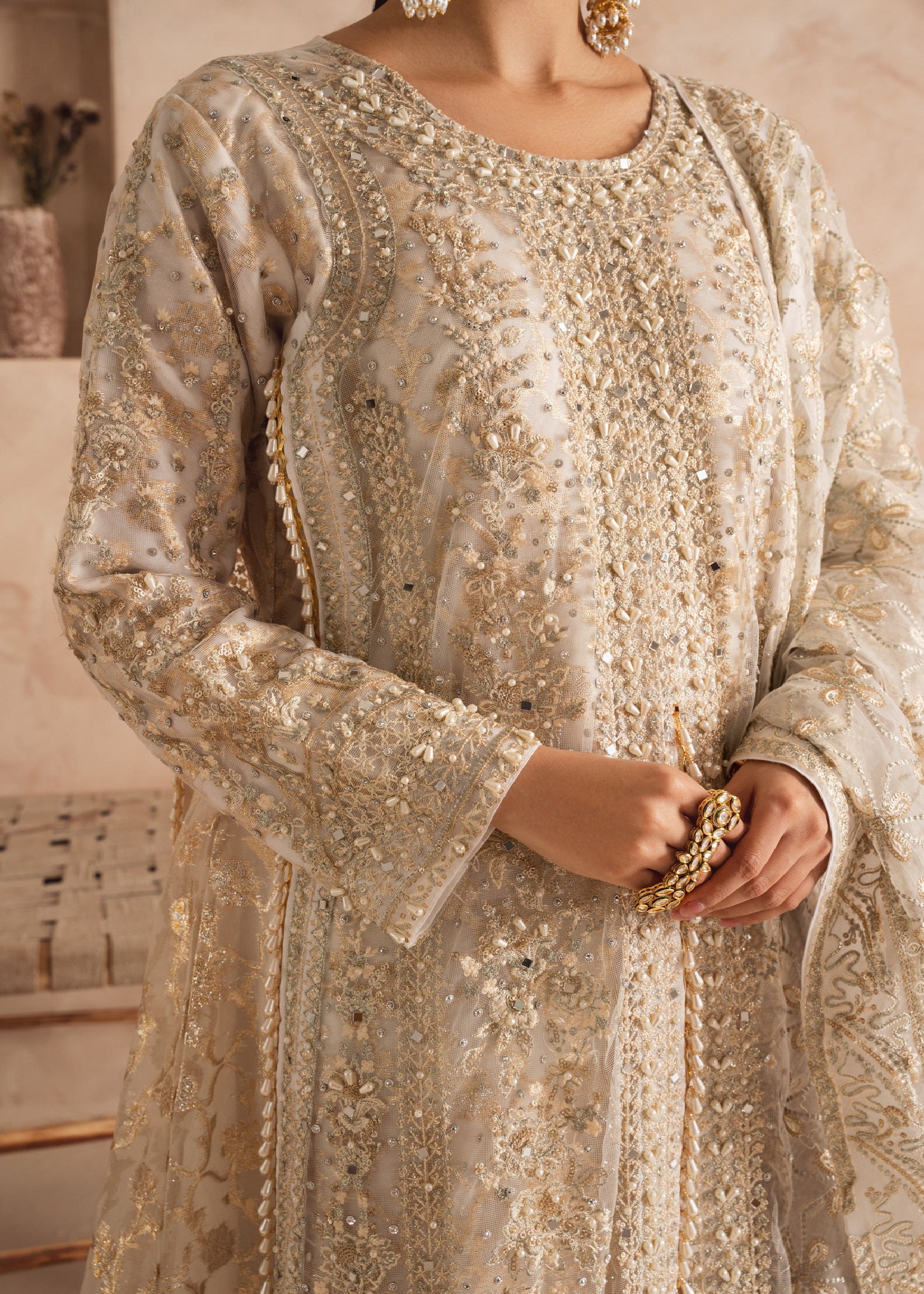 Pakistani White Embroidered Net Pishwas Dress (3-Piece) - Image 5