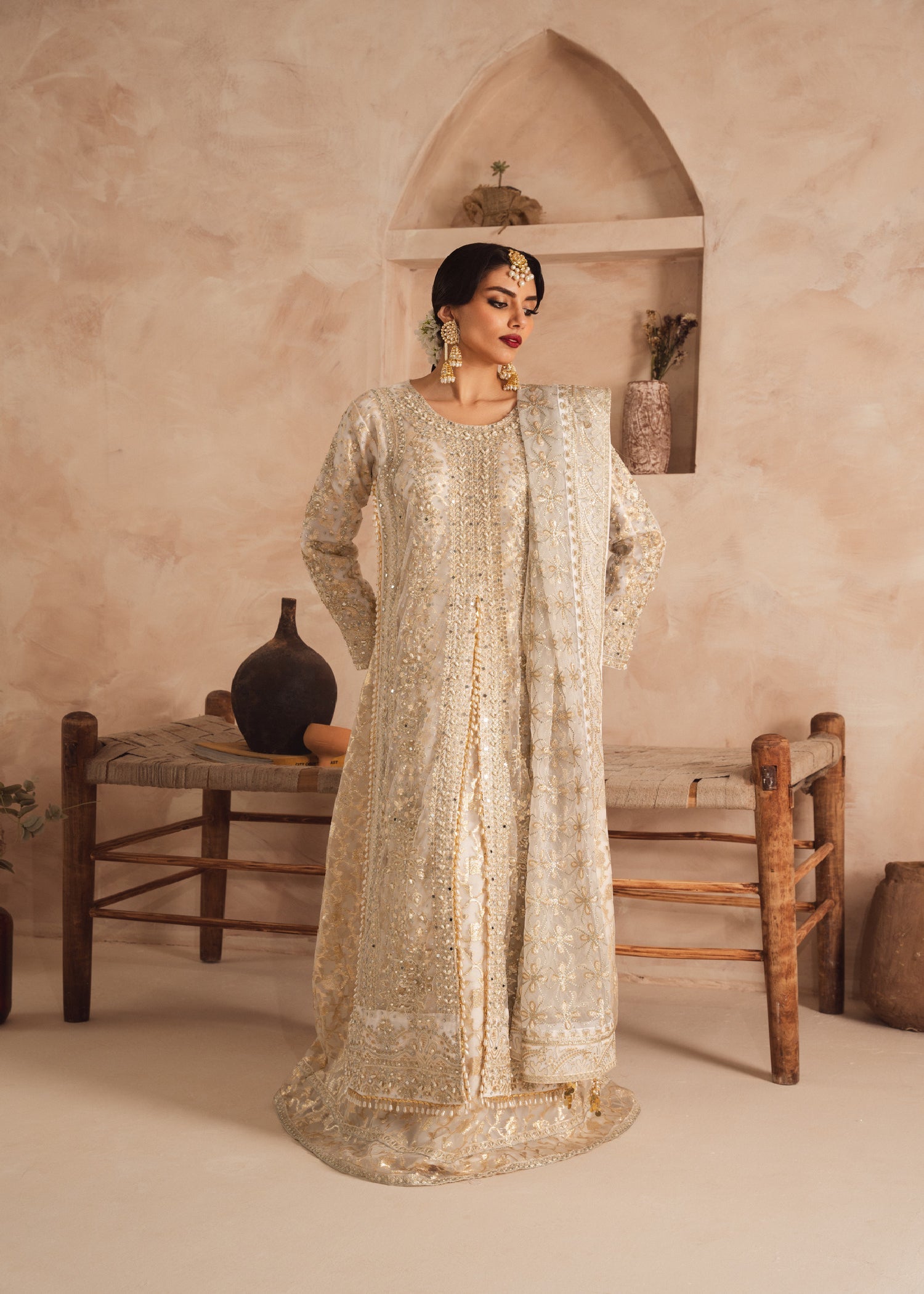 Pakistani White Embroidered Net Pishwas Dress (3-Piece) - Image 6