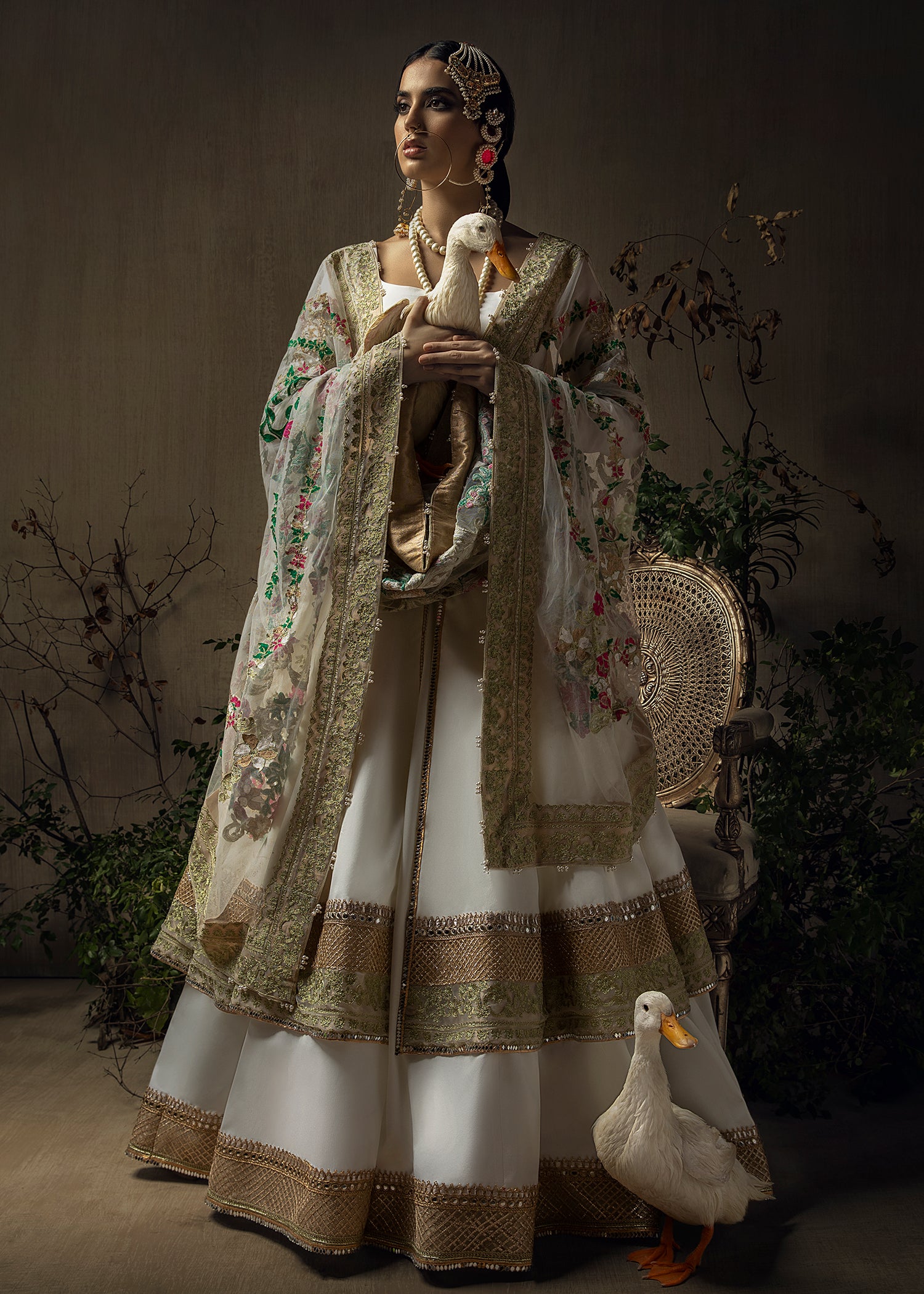 Pakistani White Jewel Motif Georgette Pishwas (3-Piece) - Image 1