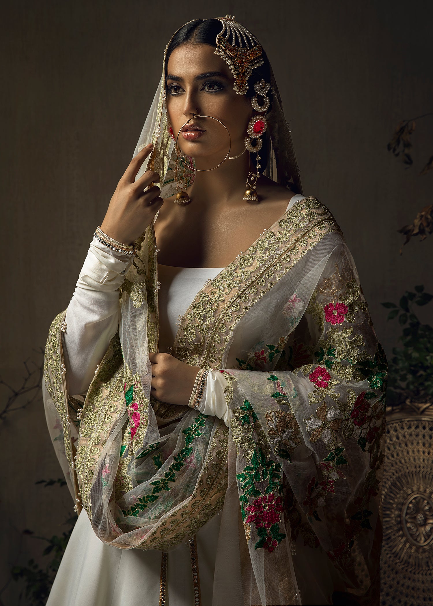 Pakistani White Jewel Motif Georgette Pishwas (3-Piece) - Image 2