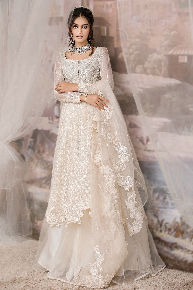 White Hand-Embellished Jacquard Cotton Net Pishwas (3-Piece) - Image 1