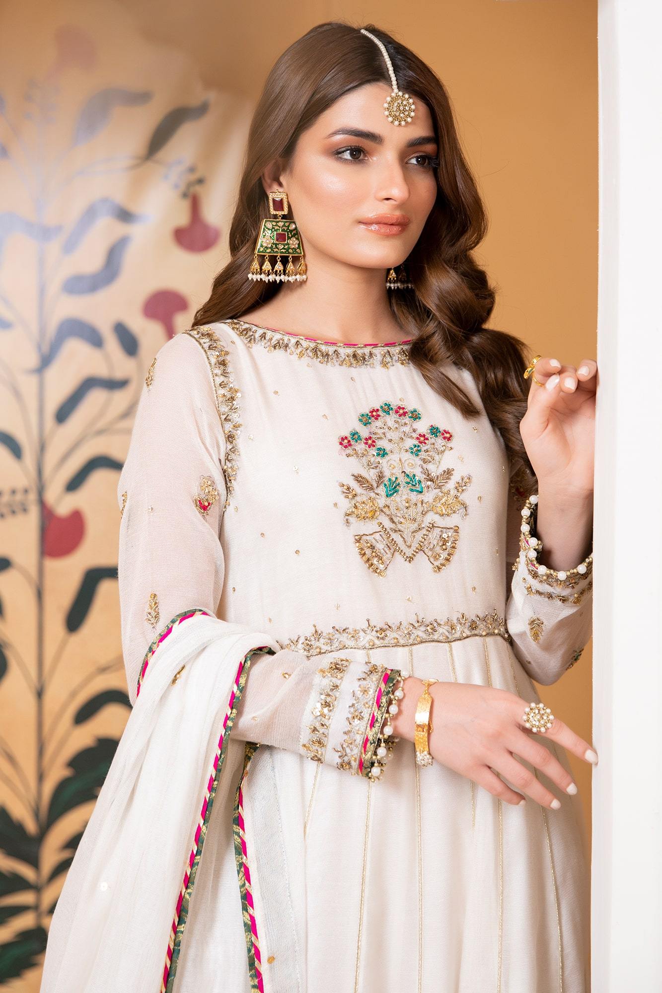 Pakistani White Embroidered Khaddi Net Pishwas (3-Piece) - Image 4