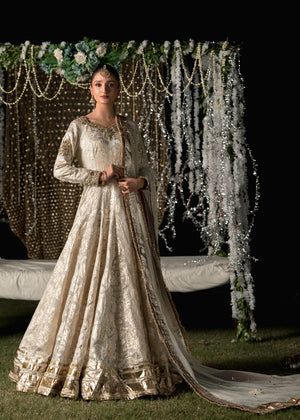 Pakistani White & Gold Embroidered Lurex Pishwas (2-Piece) - Image 2