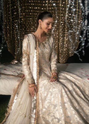 Pakistani White & Gold Embroidered Lurex Pishwas (2-Piece) - Image 6