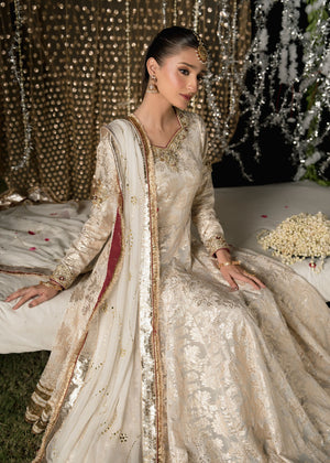 Pakistani White & Gold Embroidered Lurex Pishwas (2-Piece) - Image 7