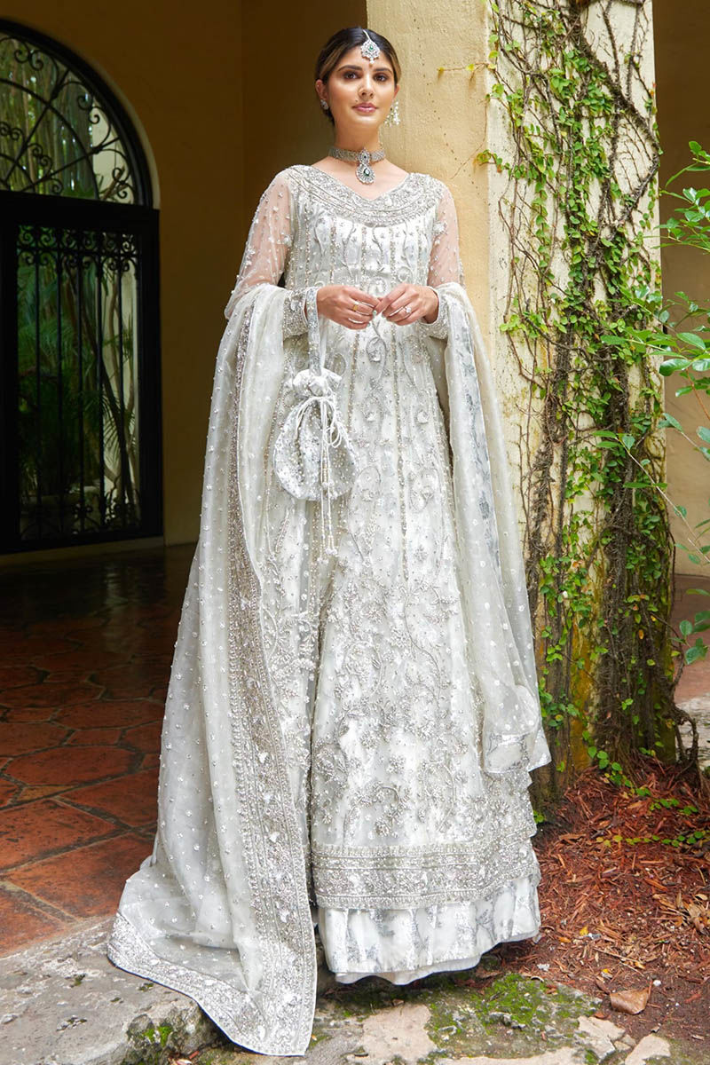 White Embellished Net Pishwas Dress (3-Piece) - Image 1