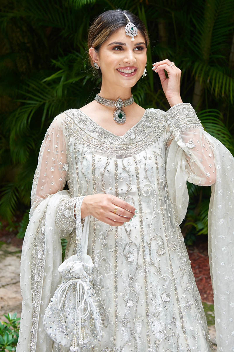 White Embellished Net Pishwas Dress (3-Piece) - Image 2