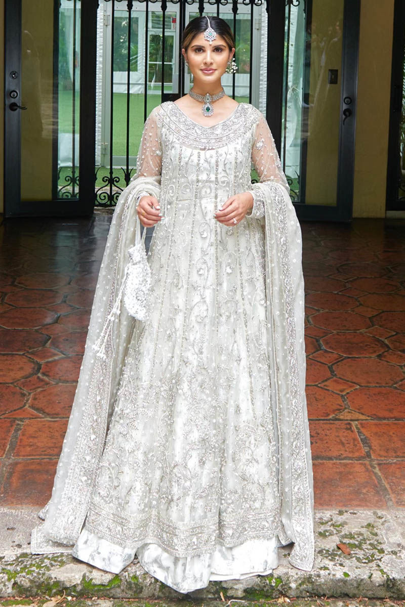 White Embellished Net Pishwas Dress (3-Piece) - Image 3